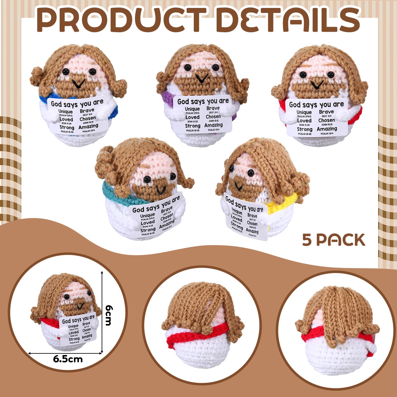 Marsui 5 Pcs 5 Pcs Crochet Dolls Christian Positive Gifts for Women Mini Jesus Figures with Positive Card Handmade Religious Crochet Plush Doll for Church Sunday School Motivational Gift (Colorful)