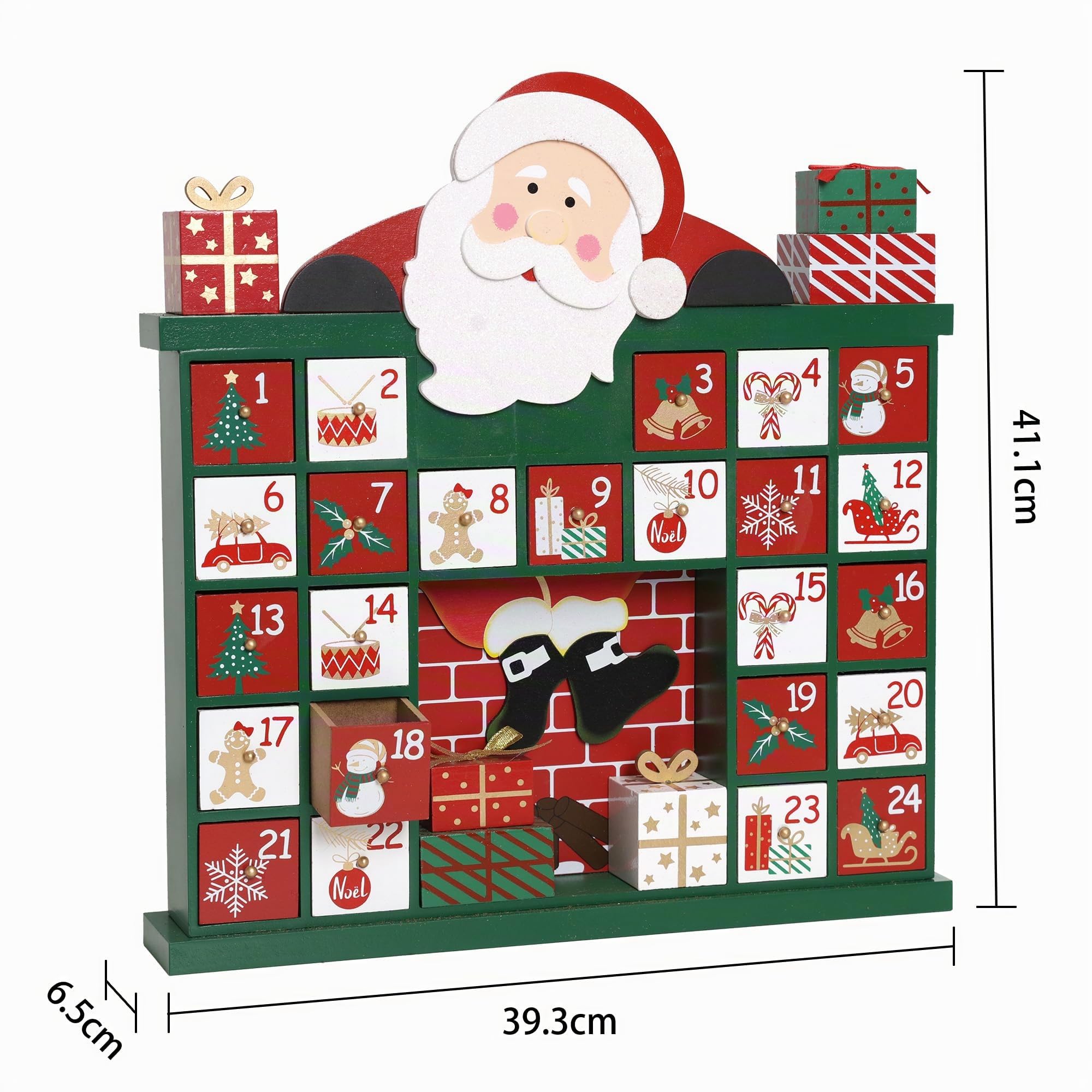 PE Weihnachten Adventskalender Holz zum Befüllen Groß mit 24 Schubladen - Handgefertigter Weihnachtskalender mit Santa - Weihnachtsdeko, 39,3 x 6,5 x 41,1 cm