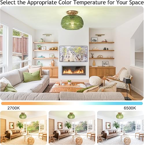 Miniatura 4 de Lámpara de techo semiempotrada, 11 pulgadas, luces doradas vintage para pasillo con cristal verde para cocina, pasillo, baño y entrada, compatible