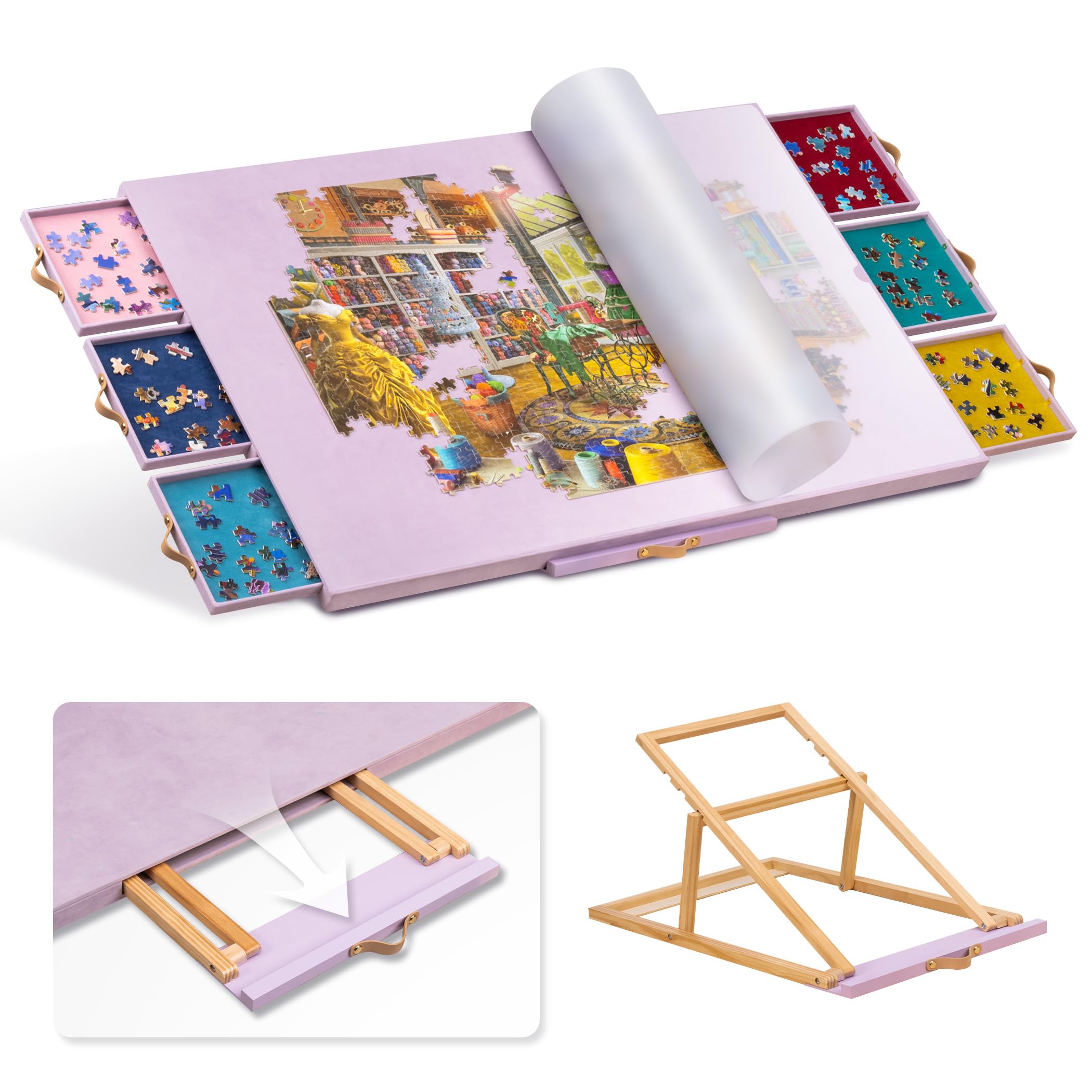 Puzzletisch mit verstellbarem Ständer/Halterung und Abdeckplatte, tragbares Puzzlebrett, DREI Neigungswinkel und sechs Sortierboxen, rutschfeste Flanellmatte, fasst bis zu 1500 Teile