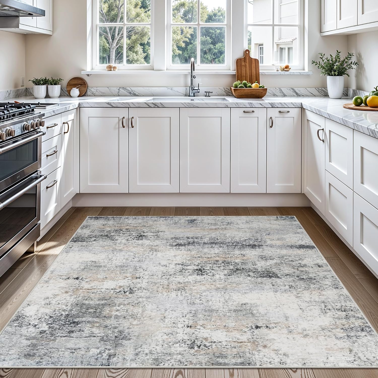 HILORUUG 4x4 Rug Square Washable: Non Slip Abstarct Area Rugs for Entryway Kitchen - Ultra Thin Low Pile Stain Resistant Floor Carpet - Home Decor for Elderly Kids Pets Family 4' Square Blue Grey