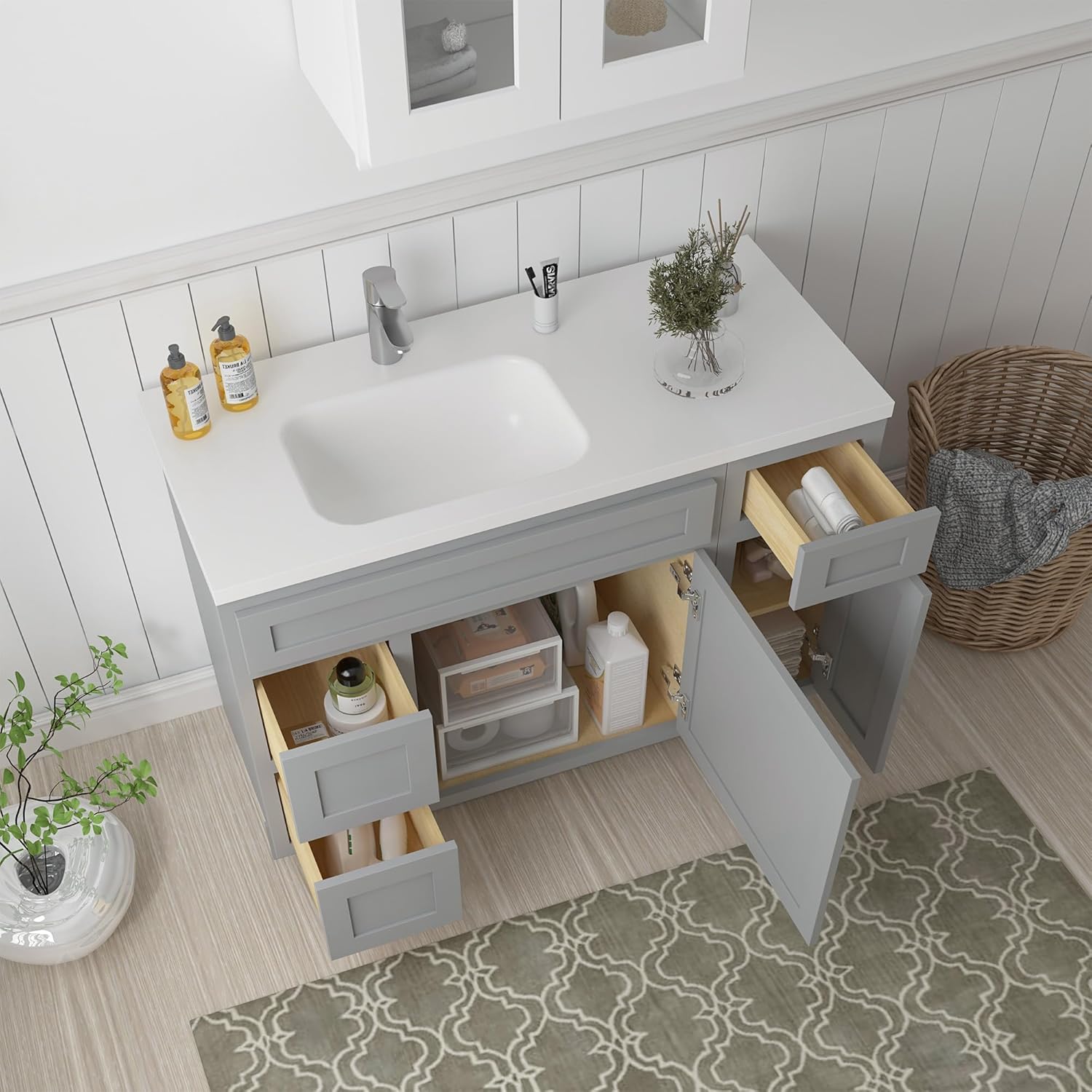 Vanity Art 48" Unassembled Bathroom Vanity with 2-Door 3-Drawer, Wood Bathroom Vanity Cabinet with Soft Closing Shaker Drawer, Sturdy Floor Mounted Cabinet Without Top VA4048-3-2L-G