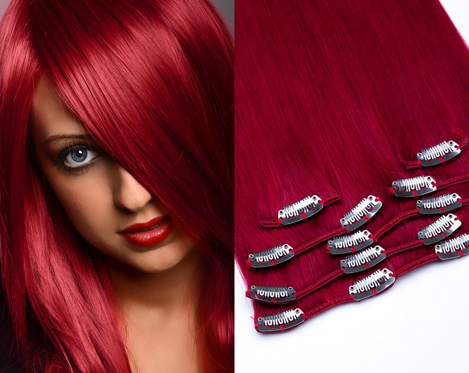 Clip In Extensions Echthaar Haarverlängerung GlamXtensions 7 - teilig in der Farbe Dunkelrot/Darkred und Länge 55cm / Gewicht 85g - Remy Echthaar