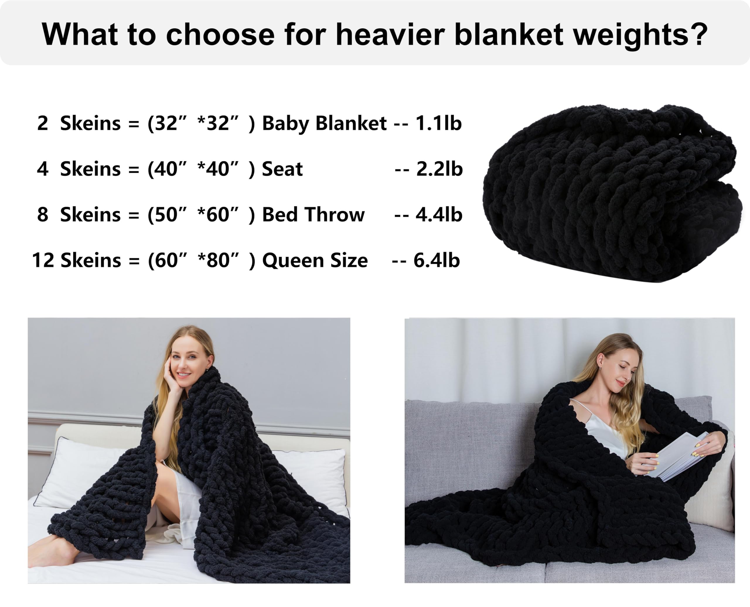 Filato di ciniglia grosso per lavori a maglia, spesso, voluminoso, per fai da te, per coperte, cuscini, letto, divano, decorazione per la casa (nero, confezione da 2, 0,5 kg, 46 m)