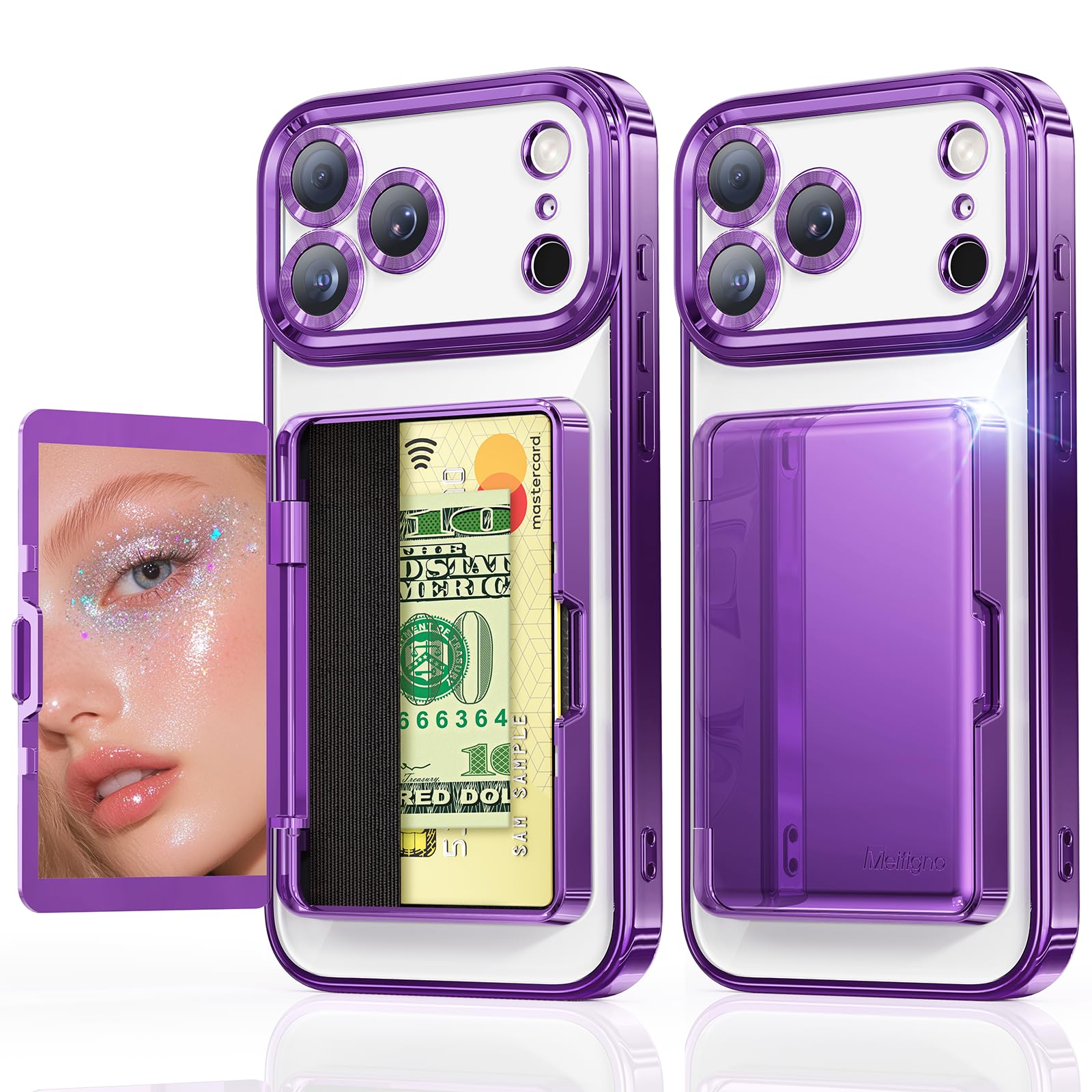 Meifigno for iPhone 17 Pro Wallet Case (Holds 3-4 Cards & Cash), Built-in Mirror & Kickstand, [Surround Raised Lens Protection] for iPhone 17 Pro Case with Card Holder for Women (6.3''), Deep Purple