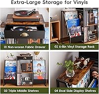 Vista 5 de Record Player Stand with Vinyl Storage – Record Table with Holder,6-Bin Vinyl Storage Rack & Drawer, Dual Side Display Shelves,Holds 200+