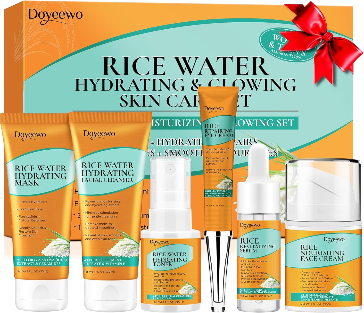 Christmas Gift Ideas for Women and Women, Skin Care Kit for Moisture, Whitening, Repair and Anti-Ageing, Routine Facial Skin Care Set with Rice for Women