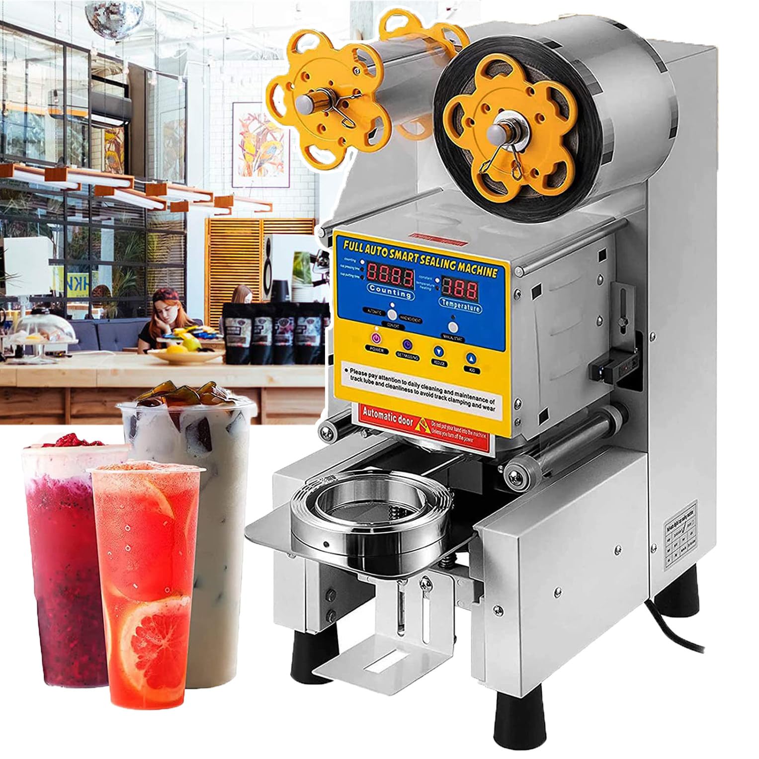 IUokLU 70-95Mm Fully Automatic Cup Sealing Machine, 500-650 Cups/Hour Electric Cup Sealing Machine, For Sealing Milk Tea Beverage Juice Cups