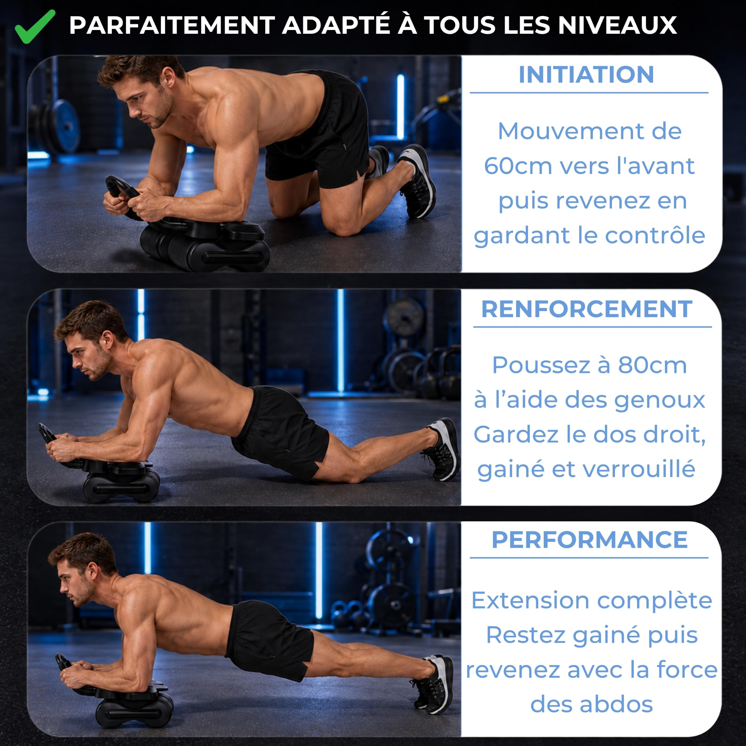 Roue Abdominale Assistée. Roulette Abdominaux robuste. Le Rouleau Abdominale Pour Hommes & Femmes. Roulette Abdos A Rebond Automatique. Adapté Au Gainage Avec Ses 4 Roues !