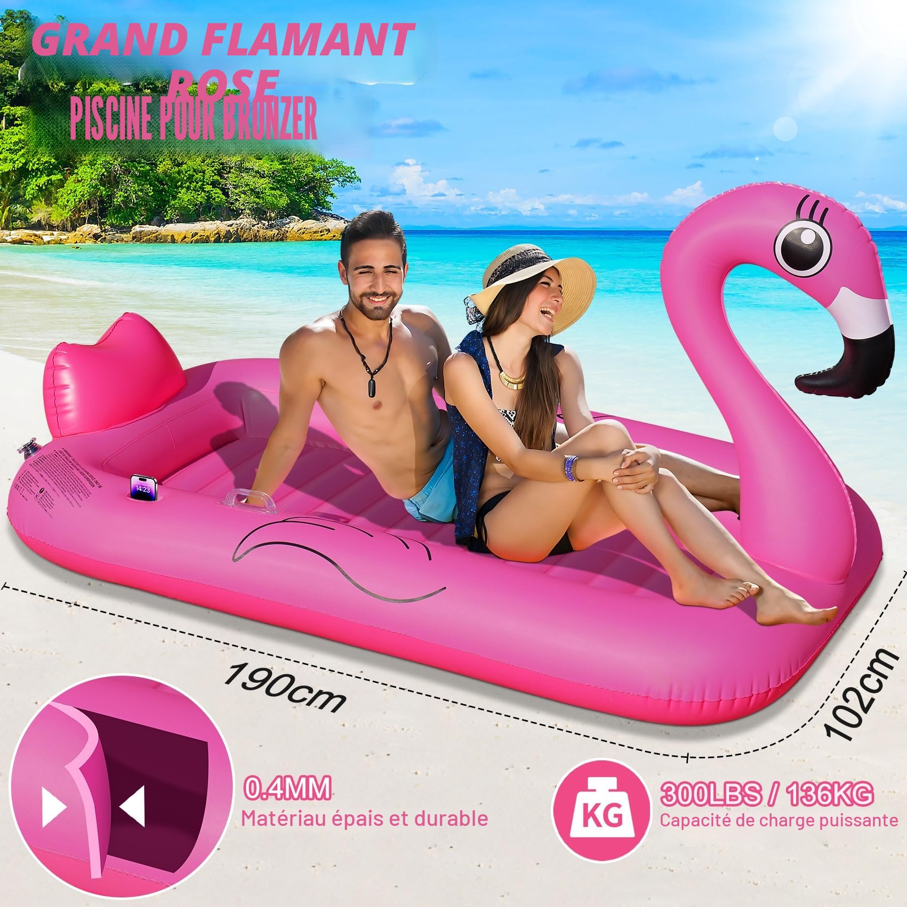 DeeprBling Matelas Piscine Gonflable Flamant Rose, Bouée Piscine Adulte épais avec Poignée, Porte-Boisson et Porte-Téléphone, Matelas Gonflable Bronzage Flamant Rose, Piscine de Bronzage pour Adultes