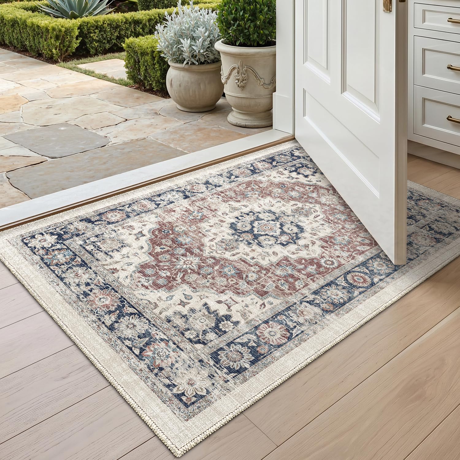 DEXI Indoor Door Mat 60 x 90 cm, Non-Slip Washable Entryway Floor Mats, Absorbent Thin Vintage Carpet Runner Rugs for Kitchen, Laundry, Bedside, Beige