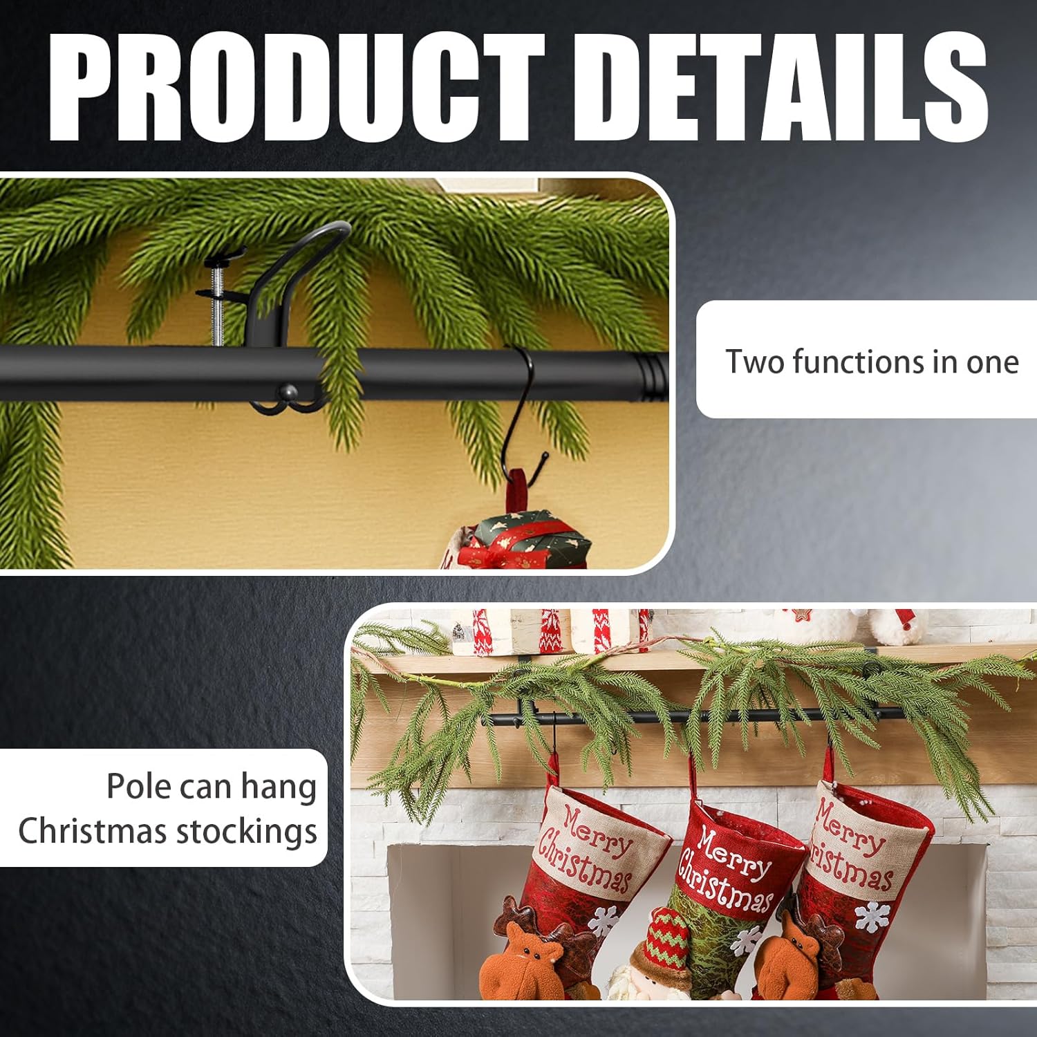 Hoolerry 10 Pcs 3 in 1 Christmas Stocking Garland Hanger for Mantle Fireplace Mantel Garland Hangers with Adjustable Tension Rods Hooks for Xmas Holiday Stocking Wreath Hanging Ornament (Small,Black)