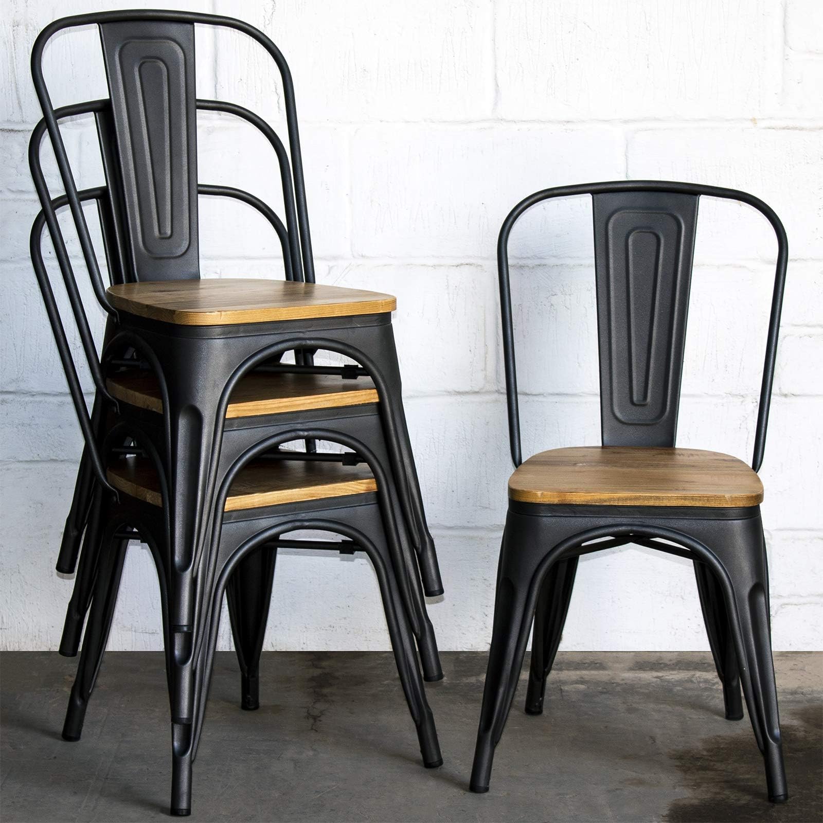 Marko Furniture Set of 4 Onyx Matt Black Metal Industrial Dining Chairs Kitchen Bistro Vintage