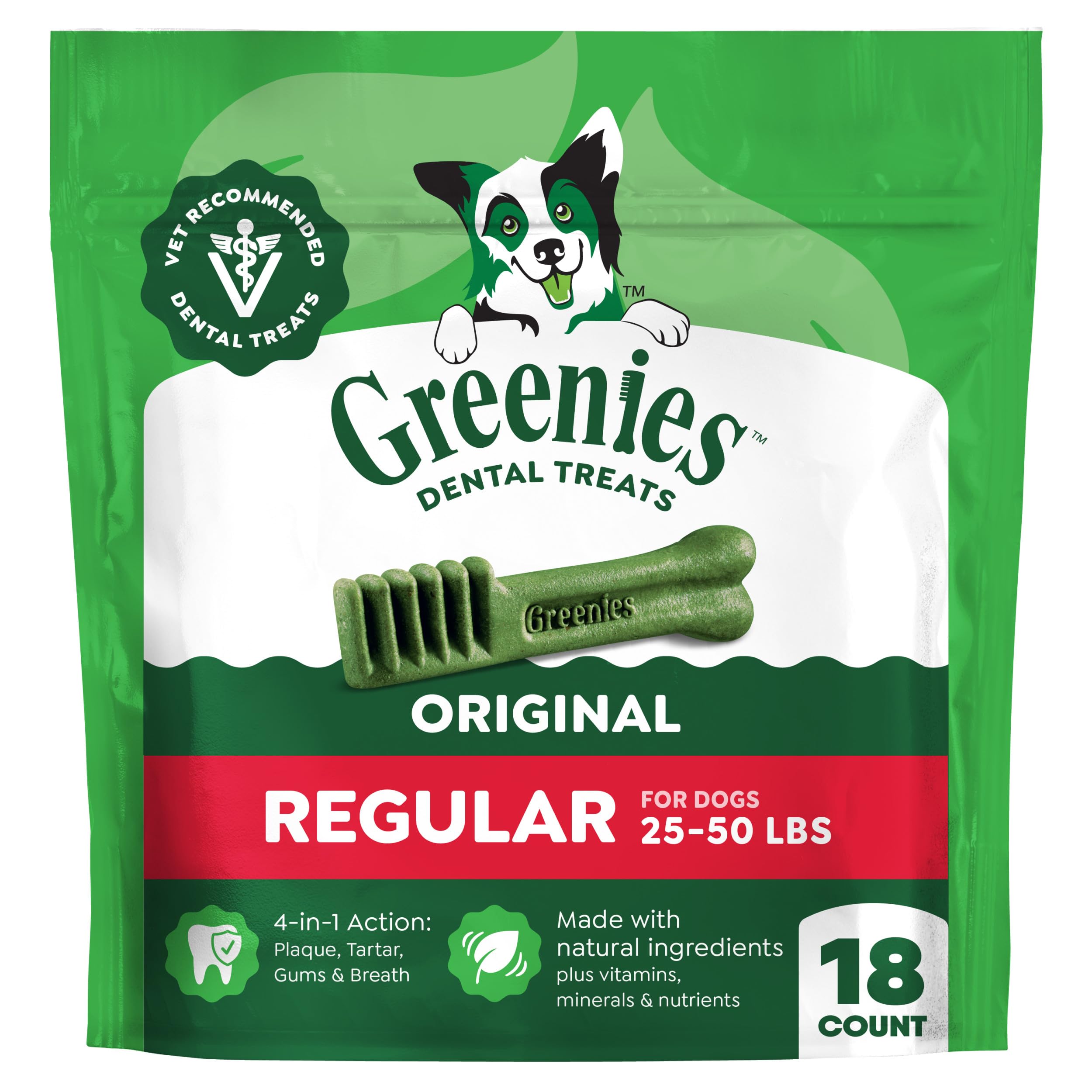 Greenies Veterinarian-Recommended Adult Natural Dental Dog Treats Regular Size, Original Flavor, 18 oz. Pack, 18 Count