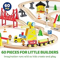 Vista 9 de 60PCS Wooden Train Set - Toy Magnetic Trains with Wooden Track Set for Kids Ages 3-8, Construction Crane Railway Set, Perfect Easter Birthday Gift