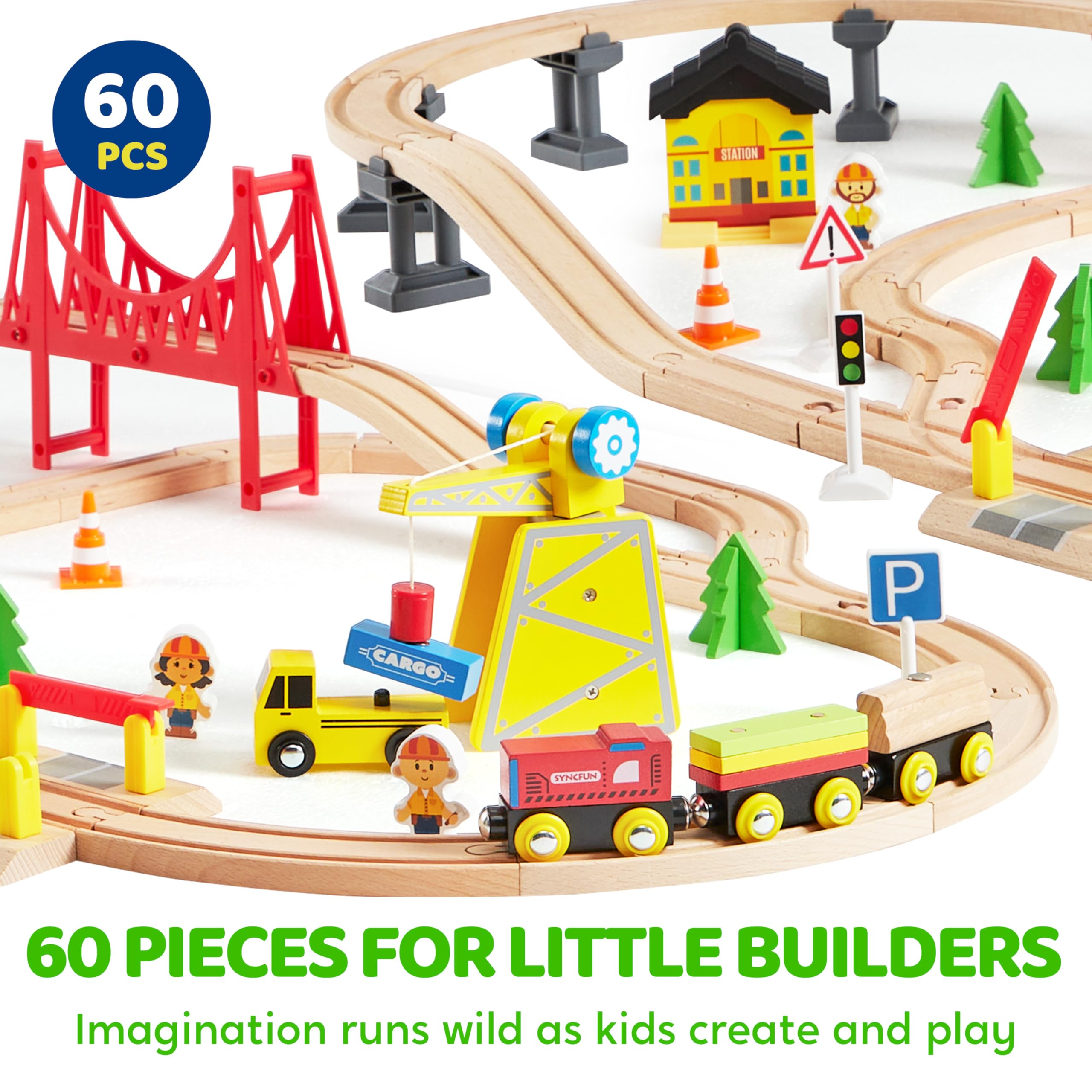 SYNCFUN 60 pezzi Montessori Set di Treni in Legno Giocattolo per Bambini 3 4 5 6, Pista Macchinine, Ferrovia Ingegneristica con Gru Magnetica, Treni e Accessori, Regalo per Bambini e Bambine