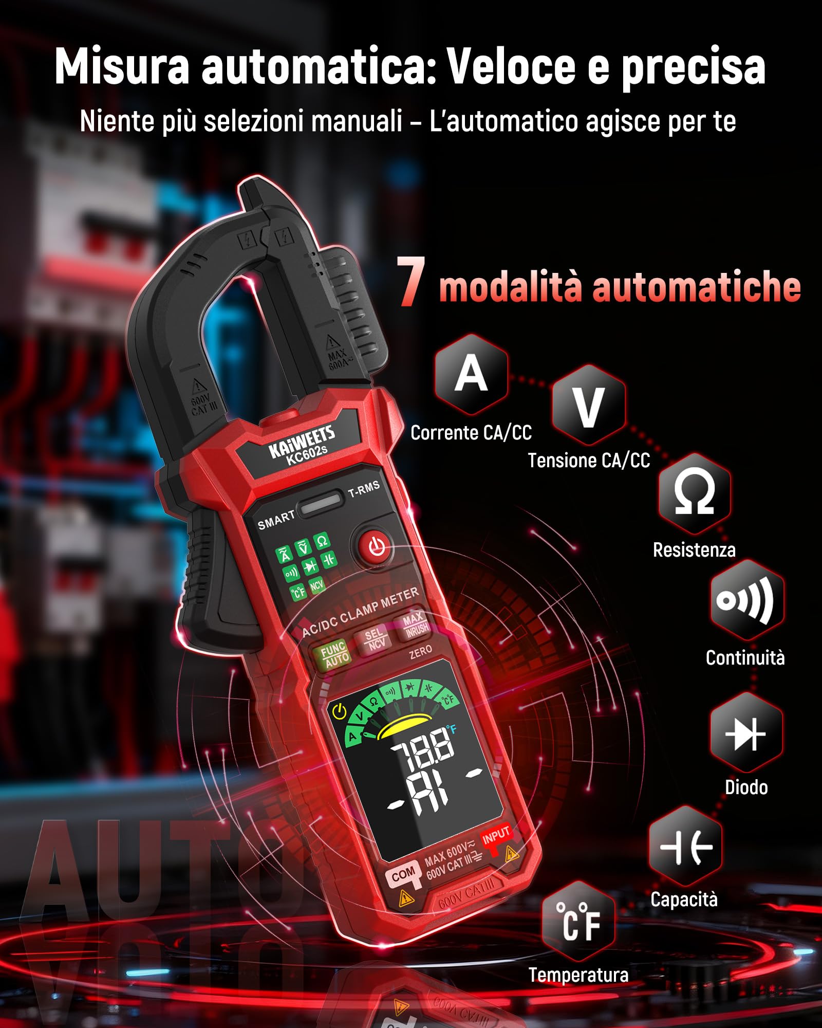 KAIWEETS Pinza Amperometrica Digitale 600A TRMS, Auto Misurazione Intelligente, 6000 Counts, Corrente e Tensione AC/DC, NCV, Corrente di Spunto, Resistenza, Capacità, Temperatura, Test Diodi e Continu