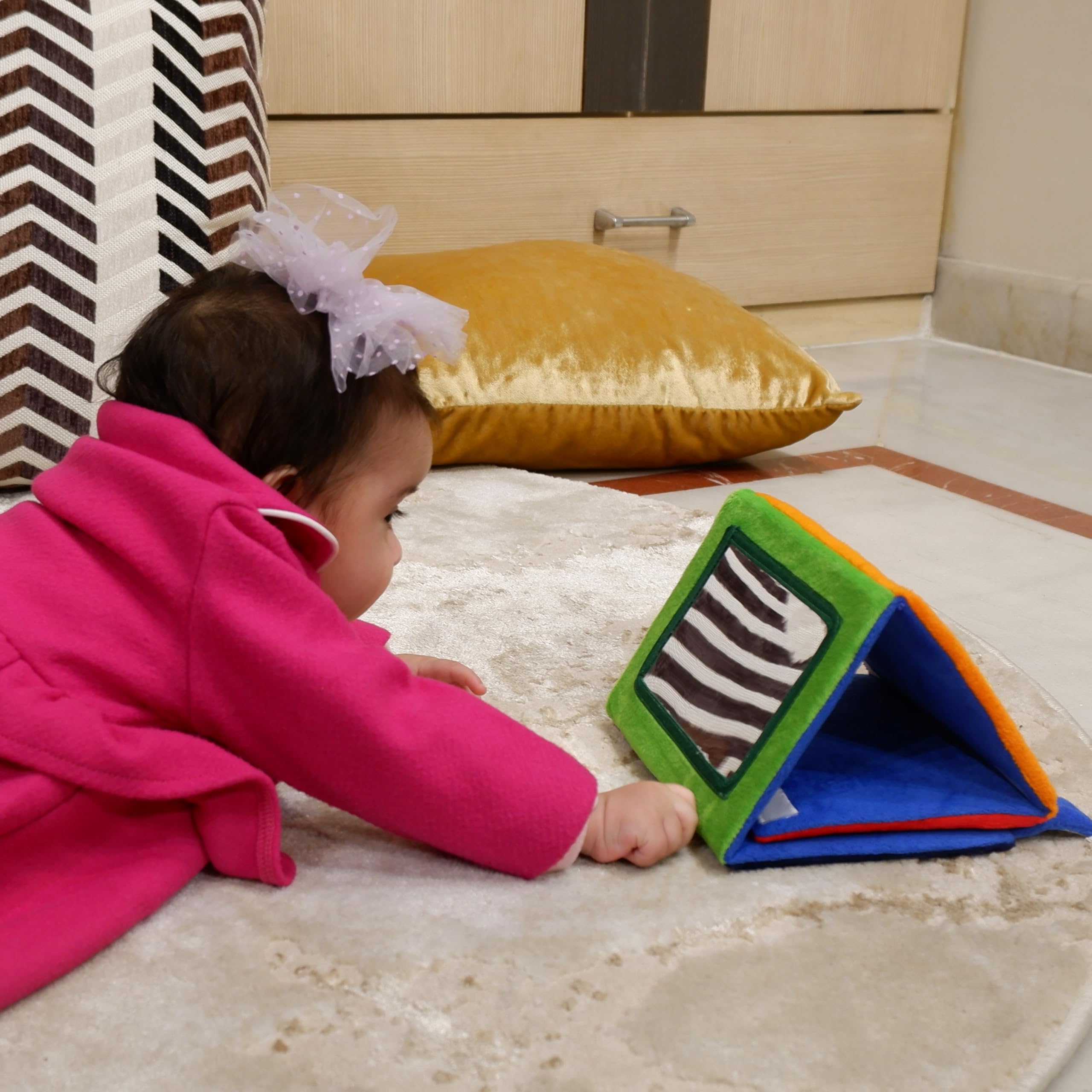 JoyCrate Tummy Time Mirror for Babies | 3 Months Baby Toys | High Contrast Sensory Mat Style Mirror | Montessori Visual & Motor Development | Foldable Soft Frame with Textures 3