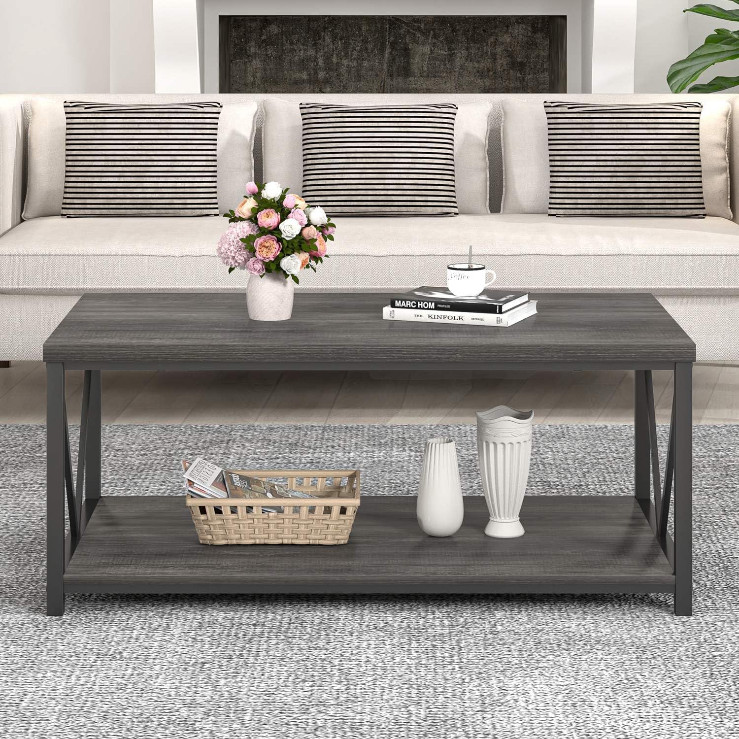 FOLUBAN Coffee Table with Storage, Modern Small Center Tables for Small Spaces, Rustic Wood and Metal Cocktail Table for Living Room, 39.3 Inch Dark Gray