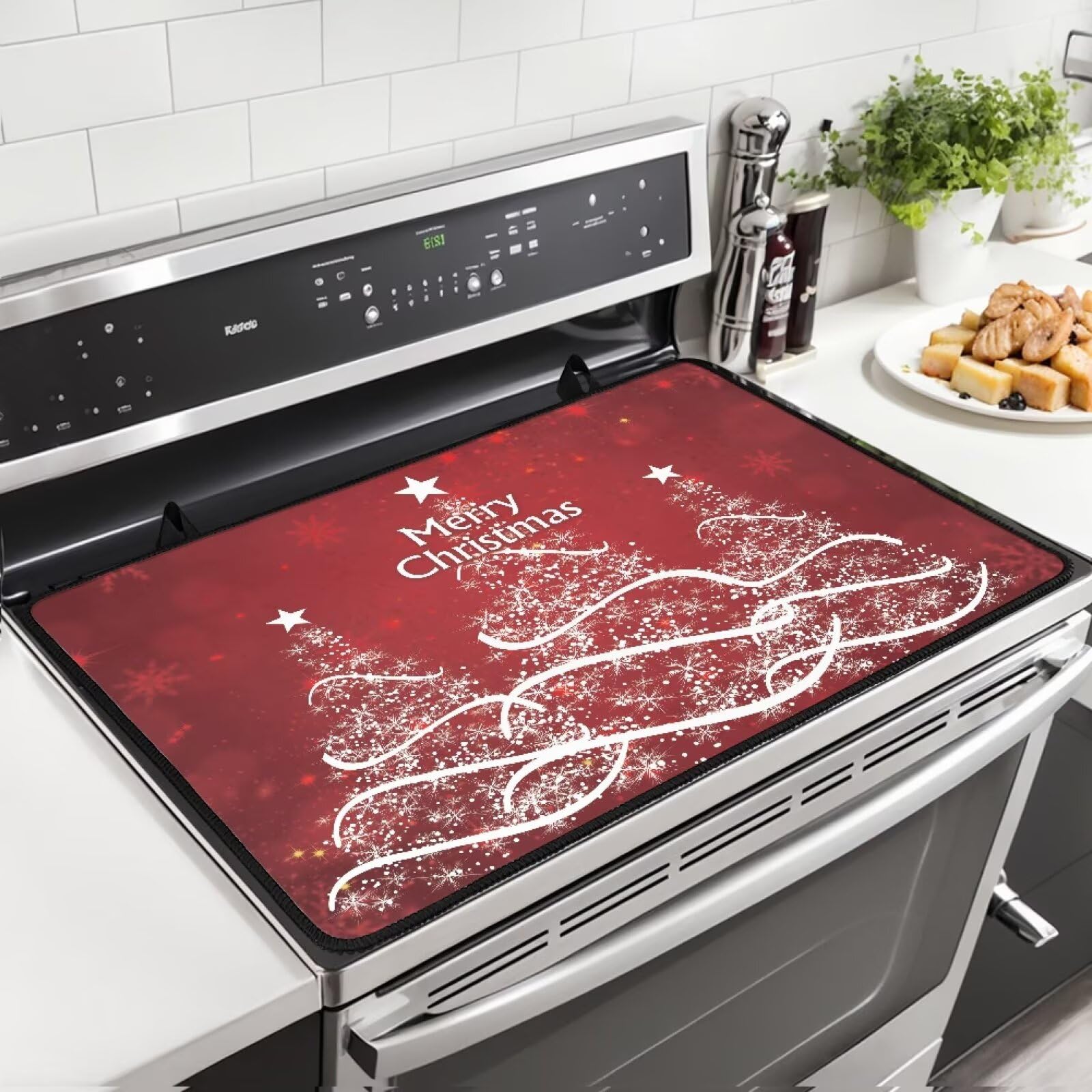 Merry Christmas Decor Stove Cover for Electric Stove Guard Top Protector with Hanging Loops, Heat Resistant Glass Cooktop Cover, Holiday Kitchen Decor