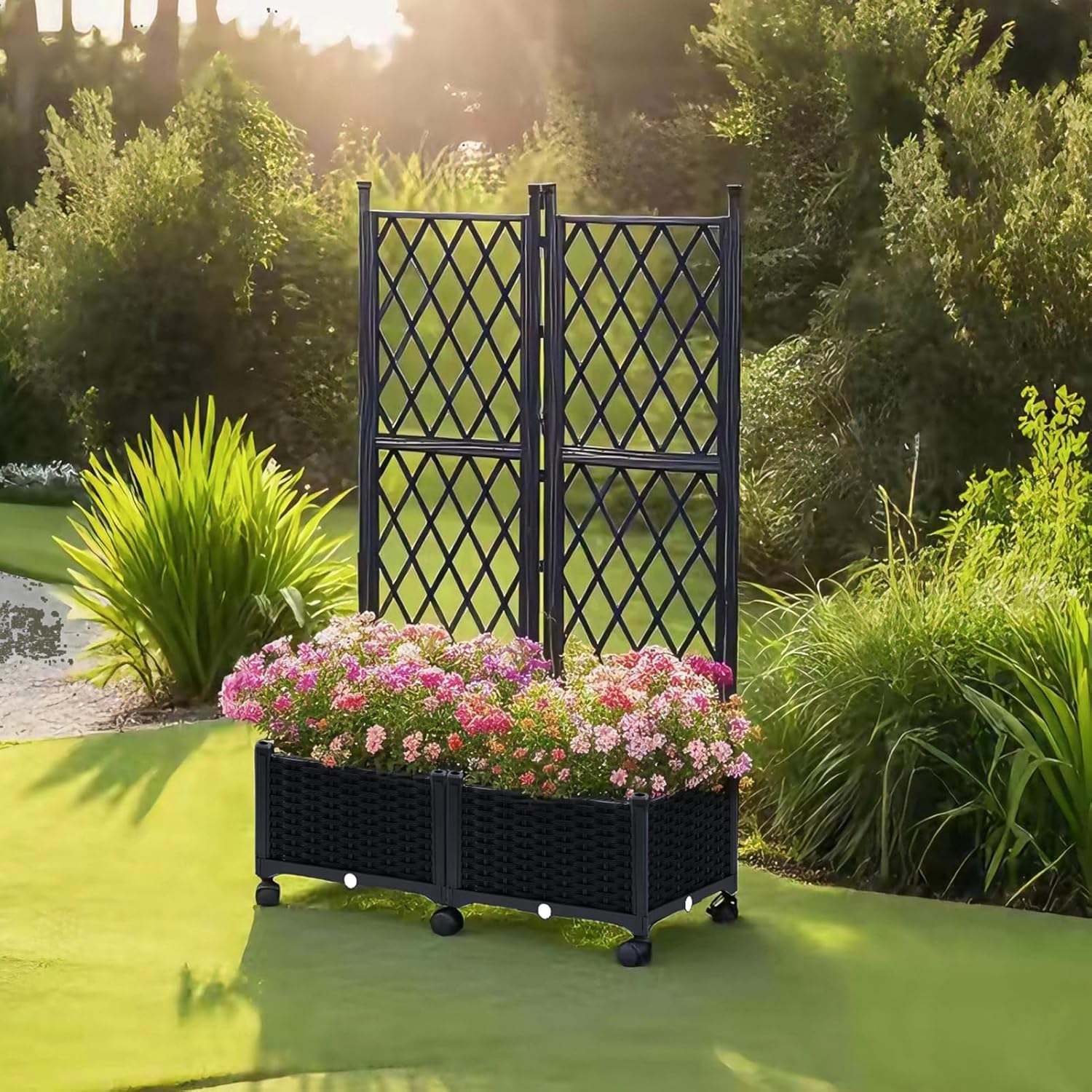 lalahoni Planter Box with Trellis, 4ft Tall Trellis Planter Box with Lockable Wheels for Outdoor Climbing Plants Tomato Flower Vegetable Herb Vine, Resin Self-Watering Raised Bed with Drainage Hole