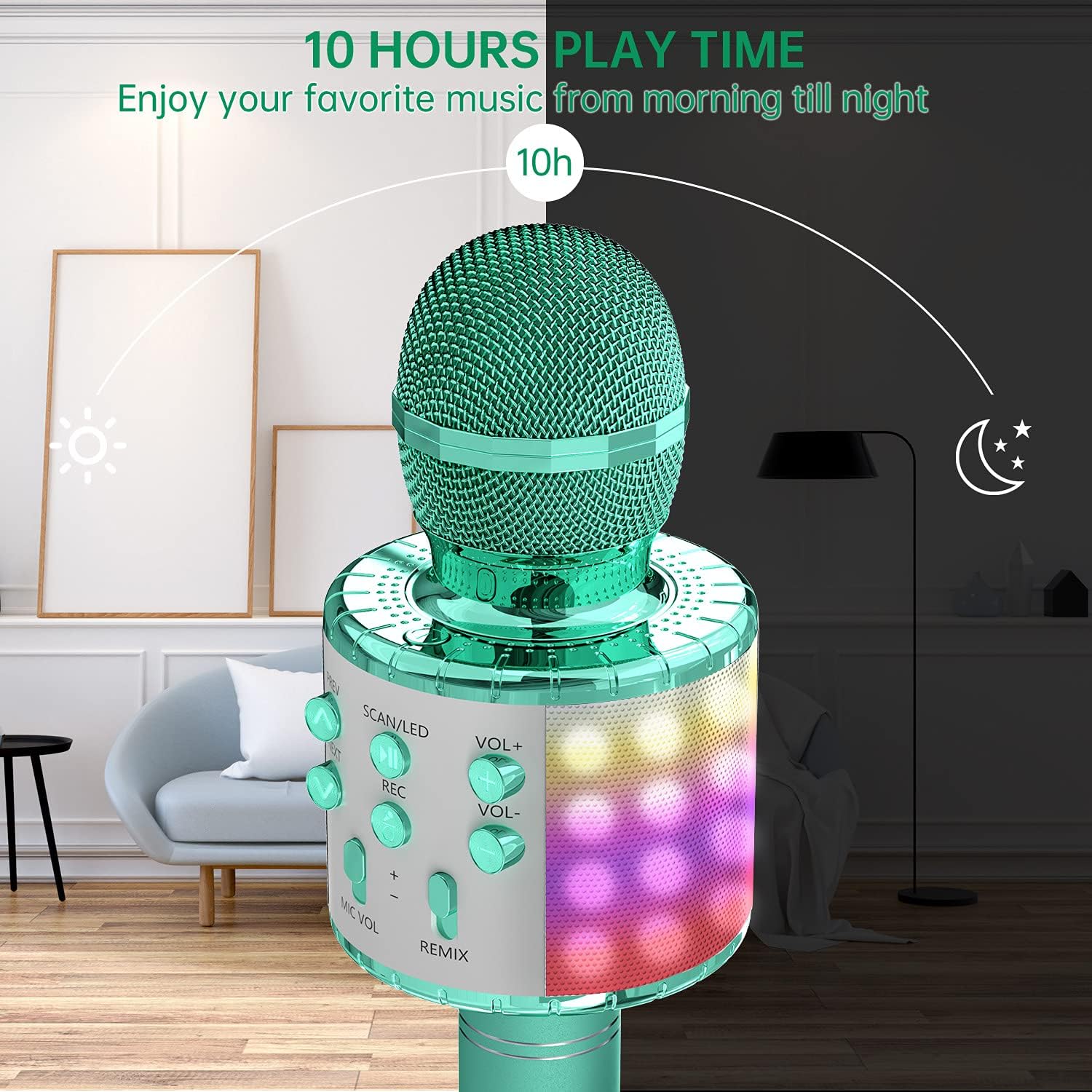 OVELLIC Karaoke Microphone for Kids, Wireless Bluetooth Karaoke Microphone with LED Lights, Portable Handheld Mic Speaker Machine, Great Gifts Toys for Girls Boys Adults All Age (Green)