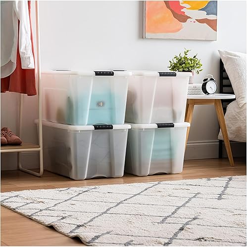 Vista 111 de IRIS USA - Contenedores de almacenamiento de plástico apilables de 40 cuartos de galón con tapas y hebillas de cierre, paquete de 4