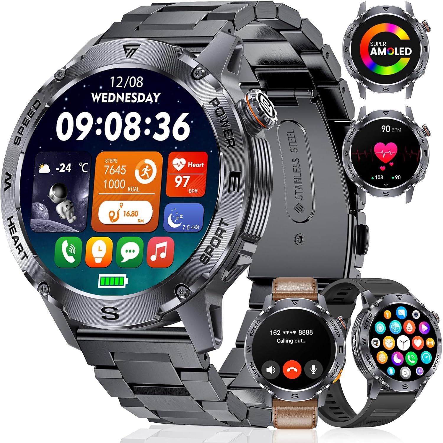 LIGE Men’s Smartwatch with Phone Function (3 Bracelets), 1.43 Inch AMOLED Military Smart Watch 400 mAh Battery Sports Watch, 120+ Sports Modes, Heart Rate SpO2 Sleep Monitor, IP68 Waterproof Fitness Watch Android iOS