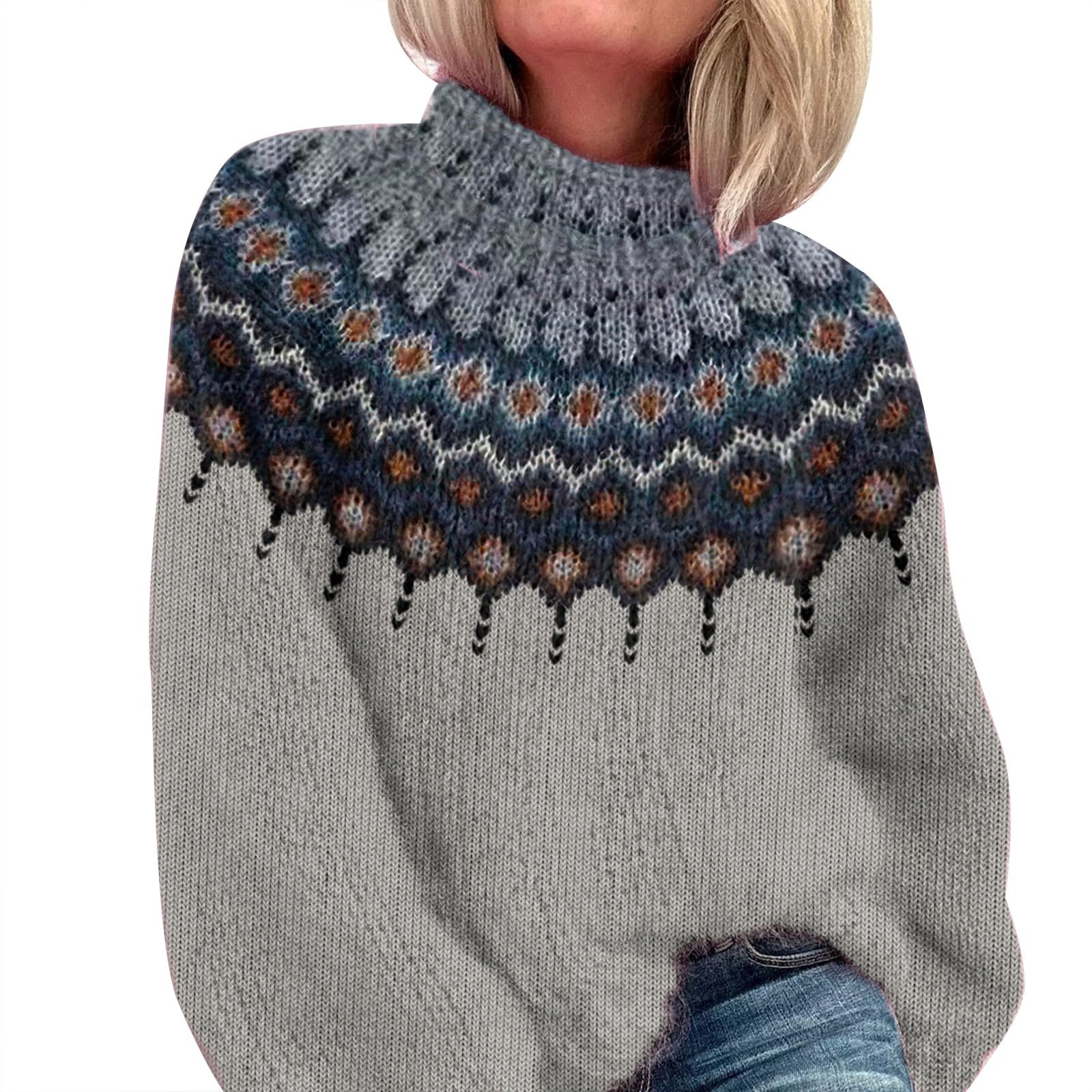Womens Turtleneck Knitted Fair Isle Print Retro Sweater Long Sleeve Oversized Pullover Fall Sweaters for Women 2025