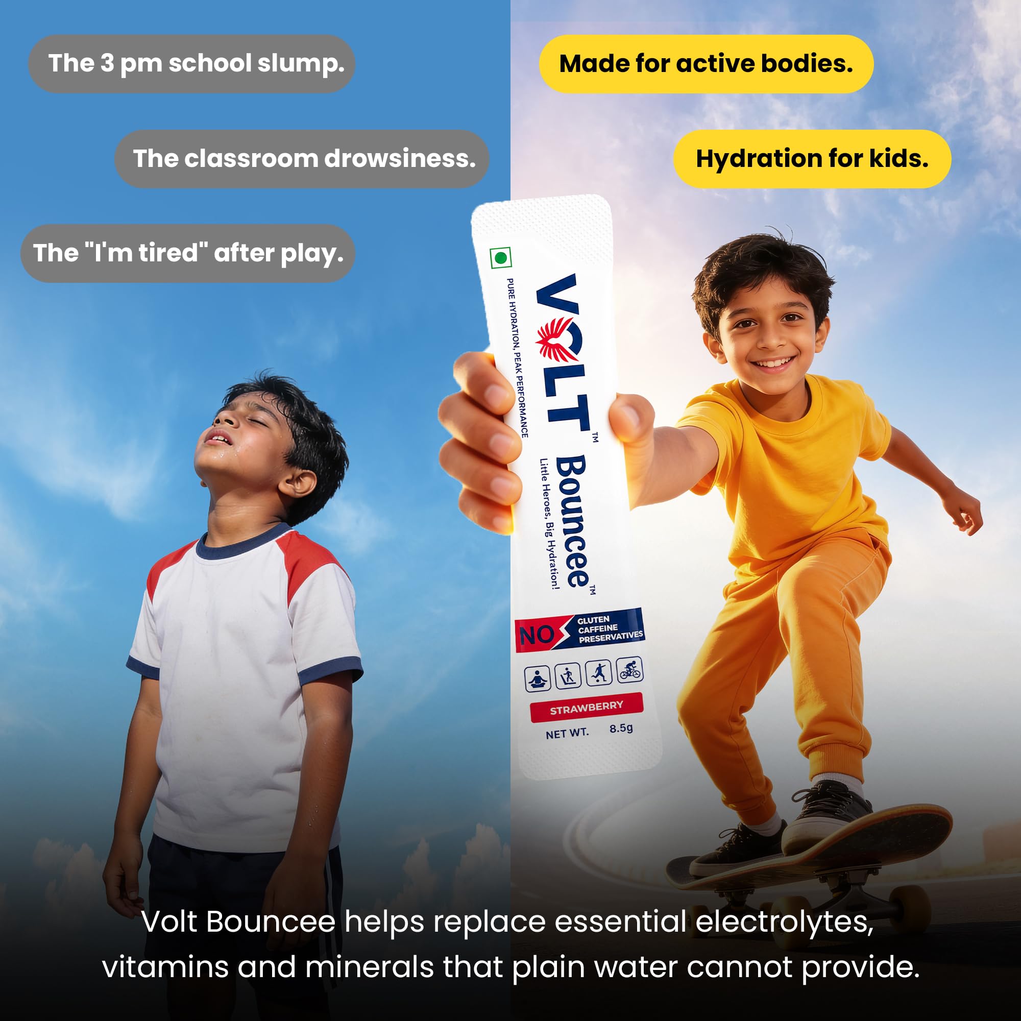Volt Bouncee Kids Electrolyte Drink Mix | Kids Electrolyte Powder with Vitamins | Supports Hydration & Recovery | No Added Sweetener, No Preservatives | Kid‑Friendly Fruit Flavours | 8.5 g x 6 Sachets — Amazon image 3