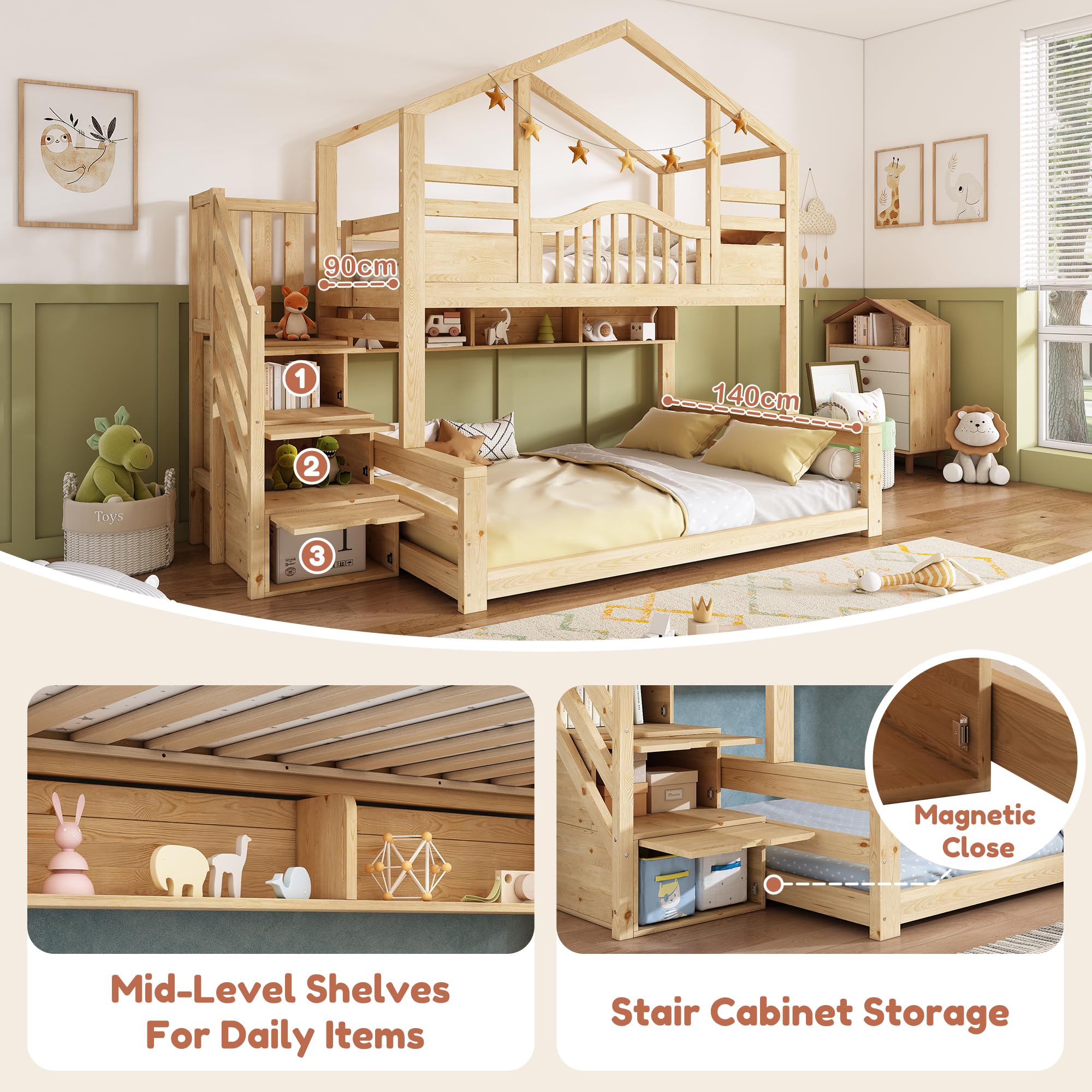 Lit Superposé Enfant avec escalier de rangement et étagères, Lit Enfant multifonctionnel avec 90x200 partie supérieure et 140x200 partie inférieure, en bois naturel Beige Clair Naturel (Sans Matelas)