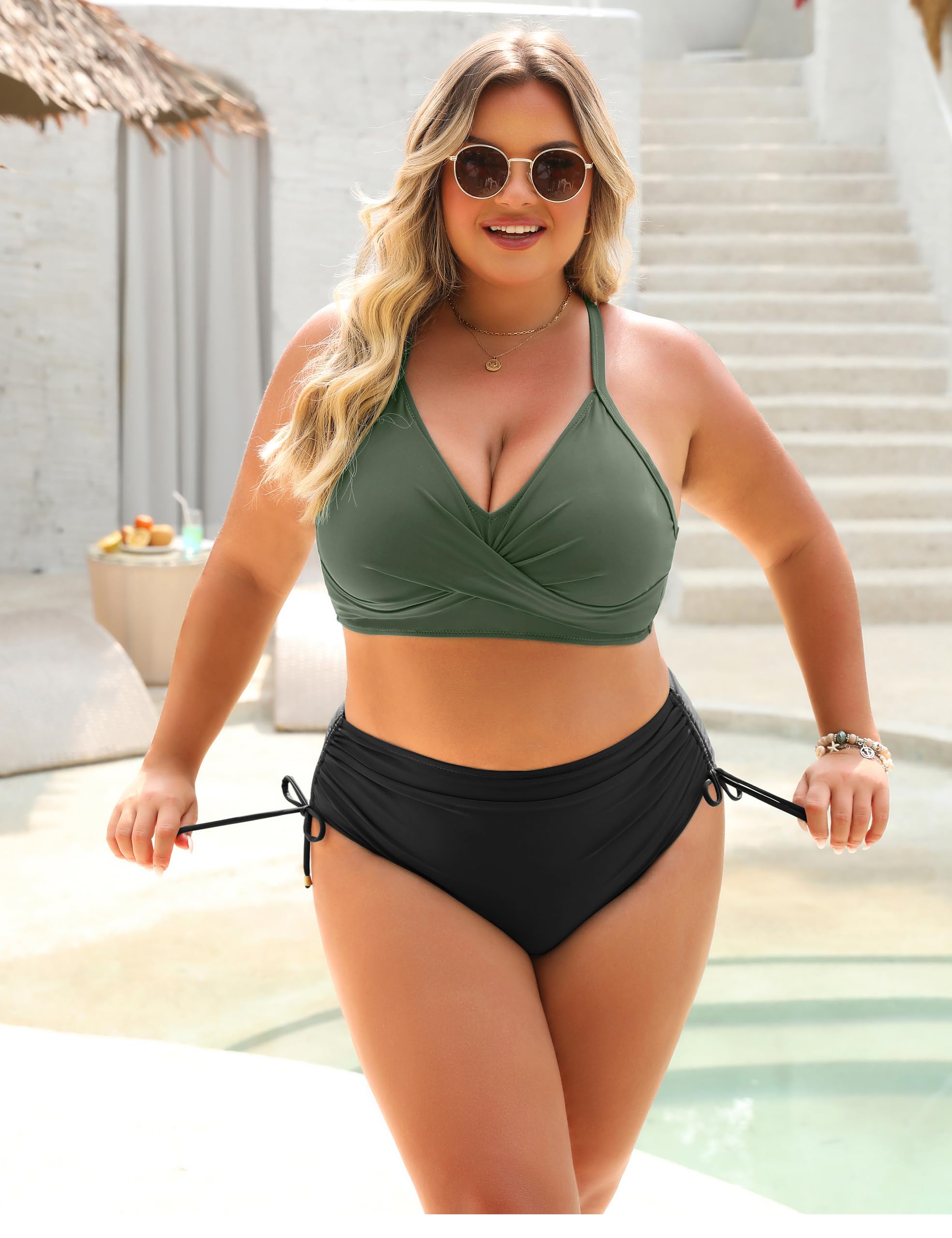 Blooming Jelly Womens High Waisted Bikini Sets Drawstring Tummy Control Swimsuits Crisscross Tie Back Bathing Suit