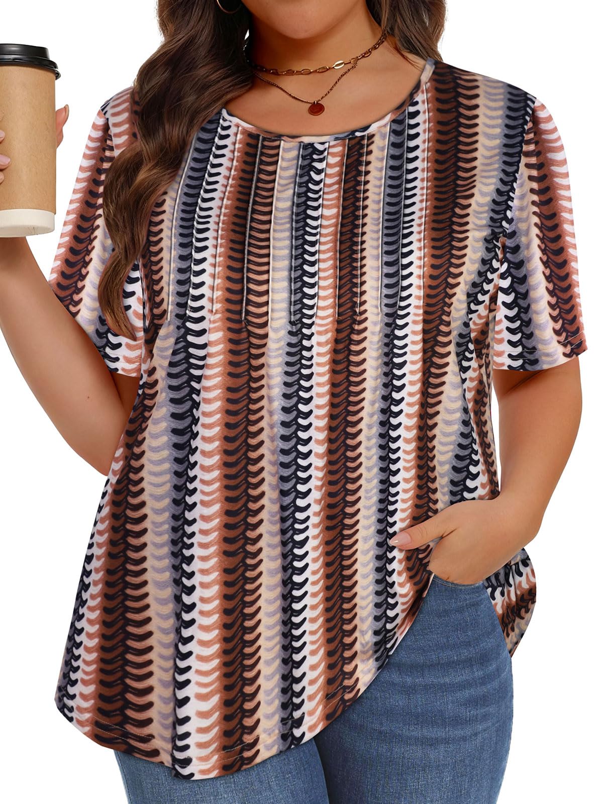 Plus Size Tops for Women Summer Pleated Short Sleeve Shirts Casual Blouses