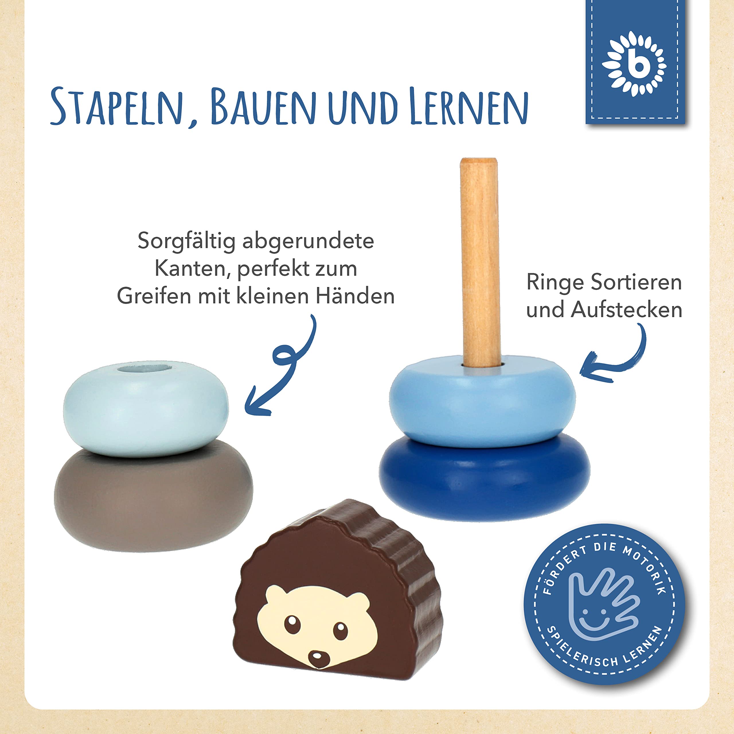 Bieco Wieża do układania w stos drewniany jeż | 13,5 cm, niebieski | wieża układana w stos od 1 roku życia | 5-częściowa piramida wtykowa | nowoczesna gra w stos | kolorowy pierścień piramida | wieża