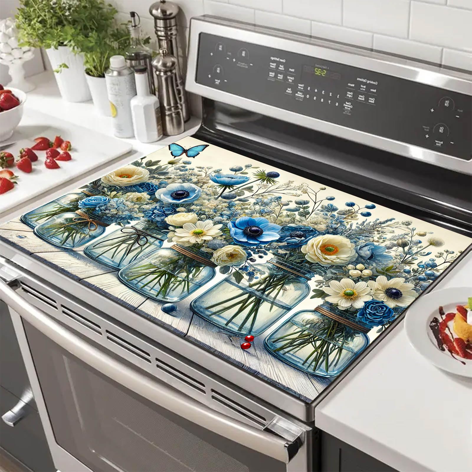 HOMETITUTE Blue White Floral Mason Jar Stove Cover 28x20 Heat Mat