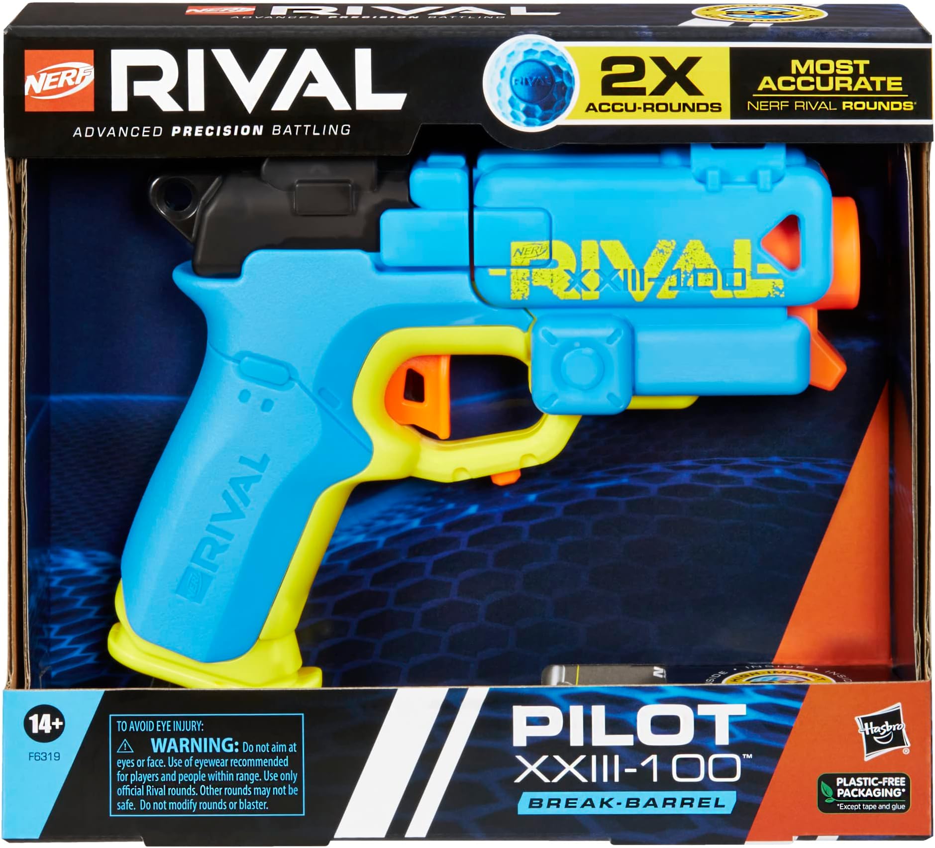 Nerf Rival Pilot XXIII-100 Blaster, Break-Barrel Load, T-Bar Priming, 2 Accu-Rounds, Most Accurate System, 90 FPS