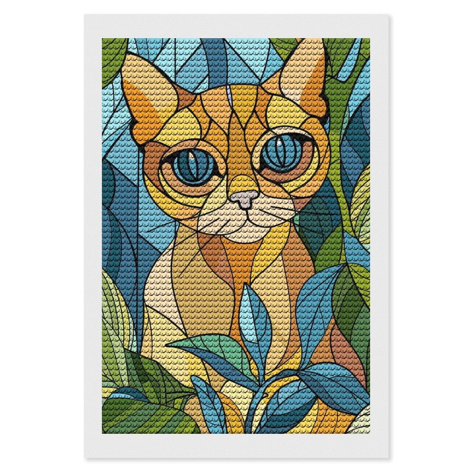 Junmoney Stained Glass Cat Among Leaves Diamond Art Canvas 8"x12", for Teens, Nice Detail and Sparkle, Farmhouse Decor, Festive Craft Gift, Easy to Enjoy