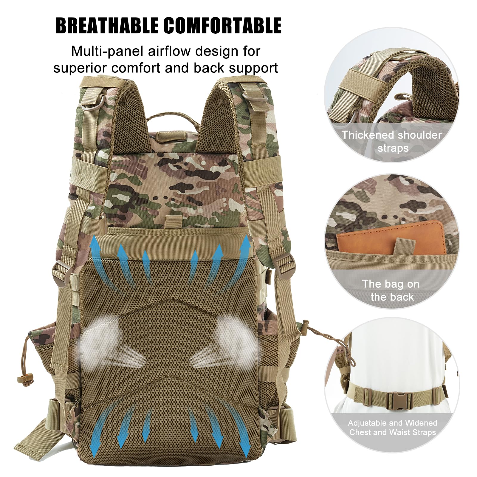 Military Tactical Backpack 50L Large Day Backpack for Men Molle Army 3 Days Assault Pack Bug Out Bag Water Resistant and Heavy Duty Hiking Treeking Rucksack - Camouflage