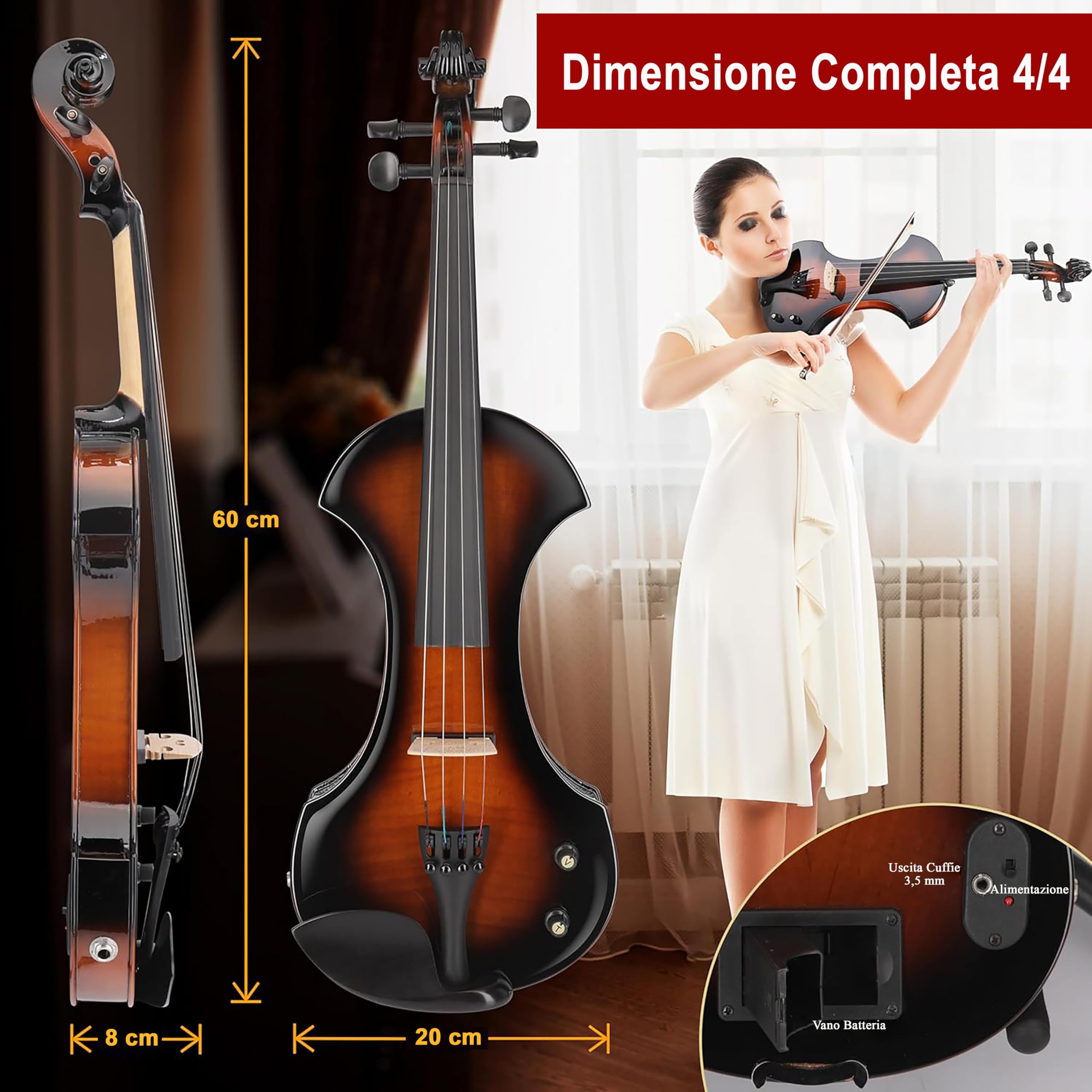 Pyle 4/4 Violino Elettrico Silenzioso con Kit Amplificatore, Violino in Legno Massello con Amplificatore da 10W e Accessori Completi, Strumento a Corde Orchestrale per Principianti e Uso Professionale