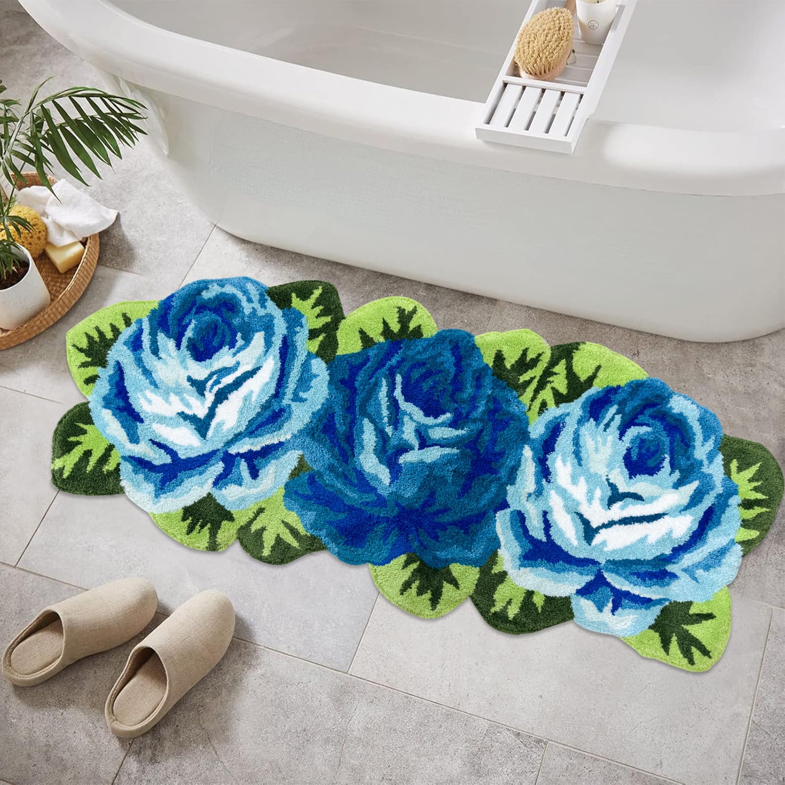 Tapis de sol fait à la main 3 roses bleues 65 x 125 cm