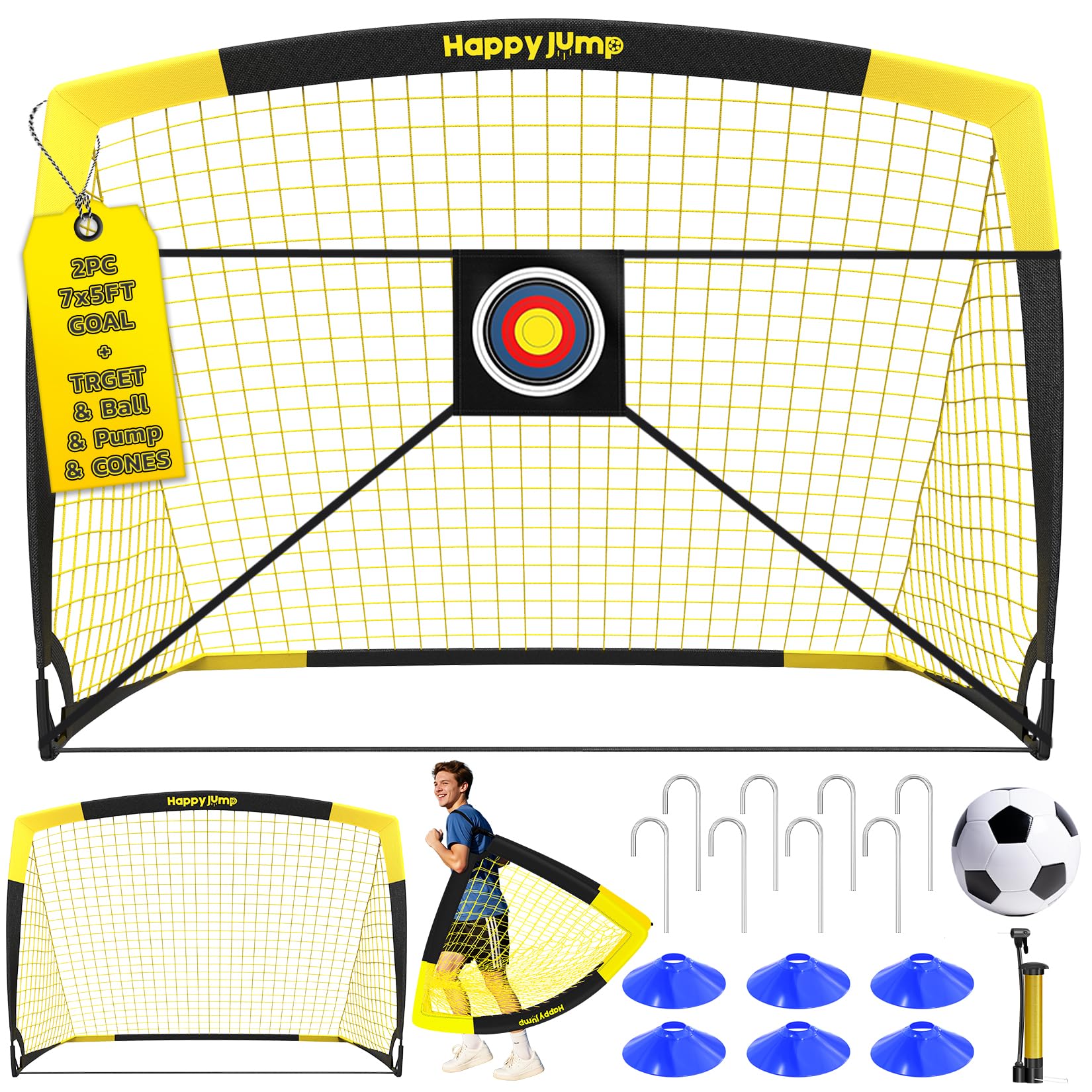 Happy Jump Set of 2 Portable Pop Up Football Goals 7x5FT – with Target Sheet, Ball, Pump & Cones | Weatherproof Football Nets for Garden & Outdoor Training