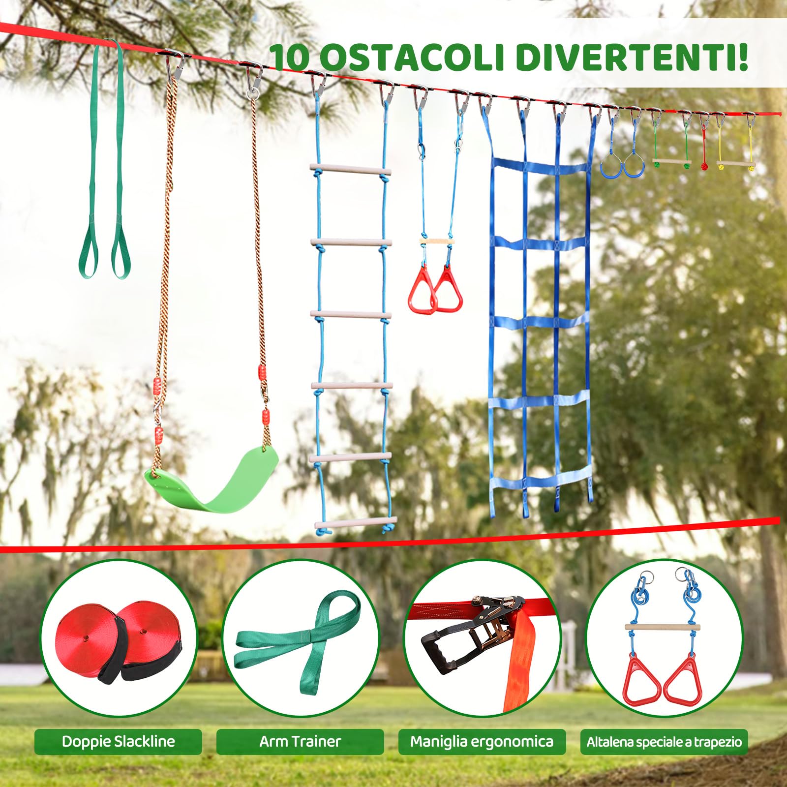 Dripex Percorso ad Ostacoli Ninja per Bambini 15m×2 Slackline 10 Ostacoli durevoli Allenamento all'aperto Cortile Altalena Rete Scala Arrampicata