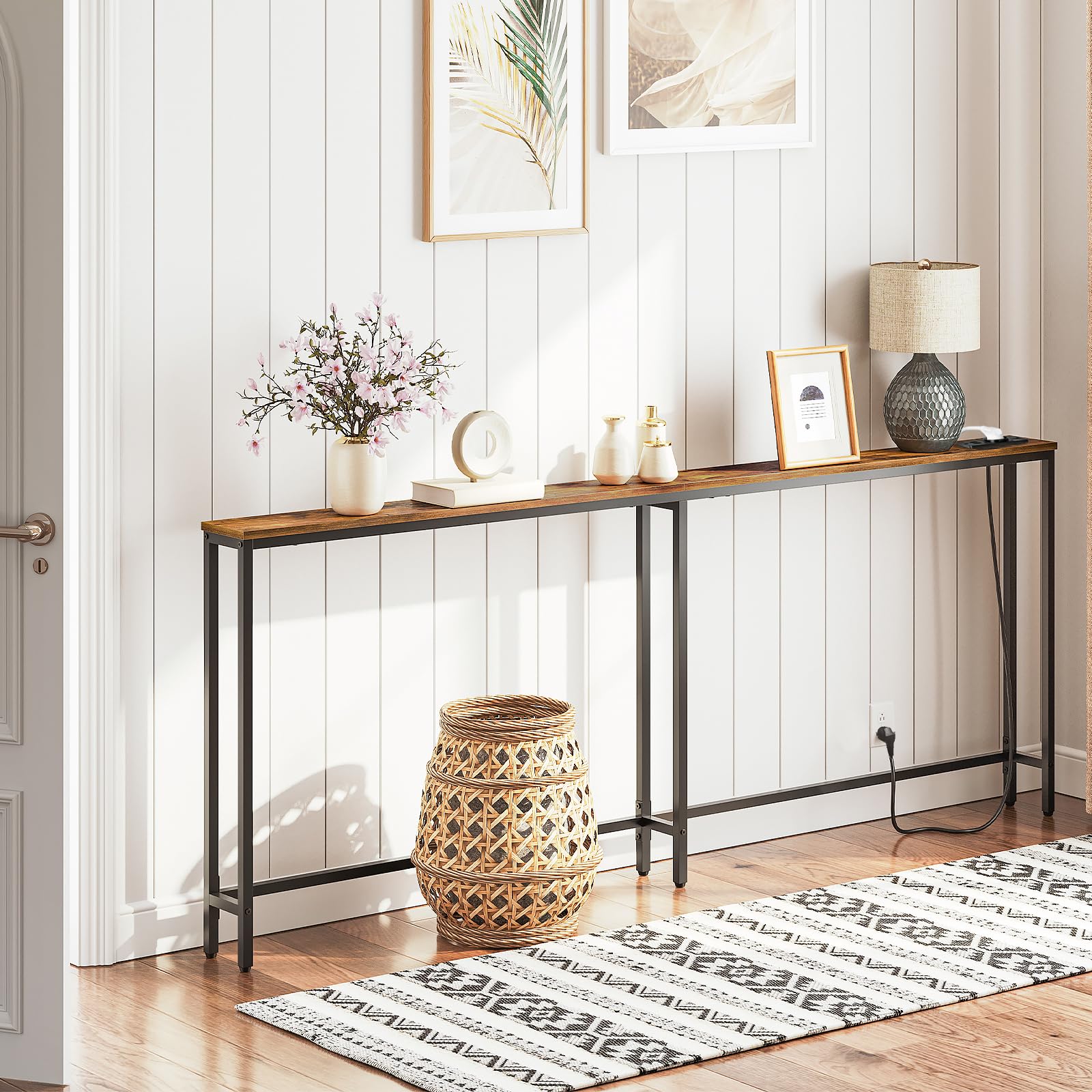 HLONONE Consoletafel met laadstation, smalle banktafel, 180 x 74 x 20 cm, bijzettafel met led en dubbel rek, haltafel, lange entreetafel voor hal, foyer, woonkamer, vintage bruin-zwart