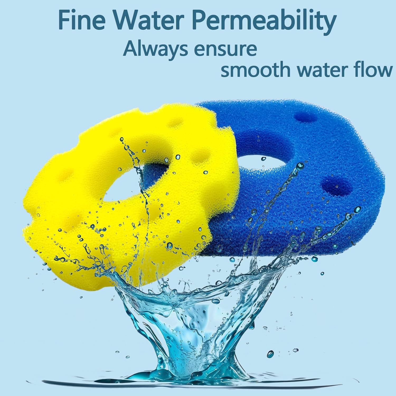 Blue and yellow filter sponges with water splashing, illustrating permeability