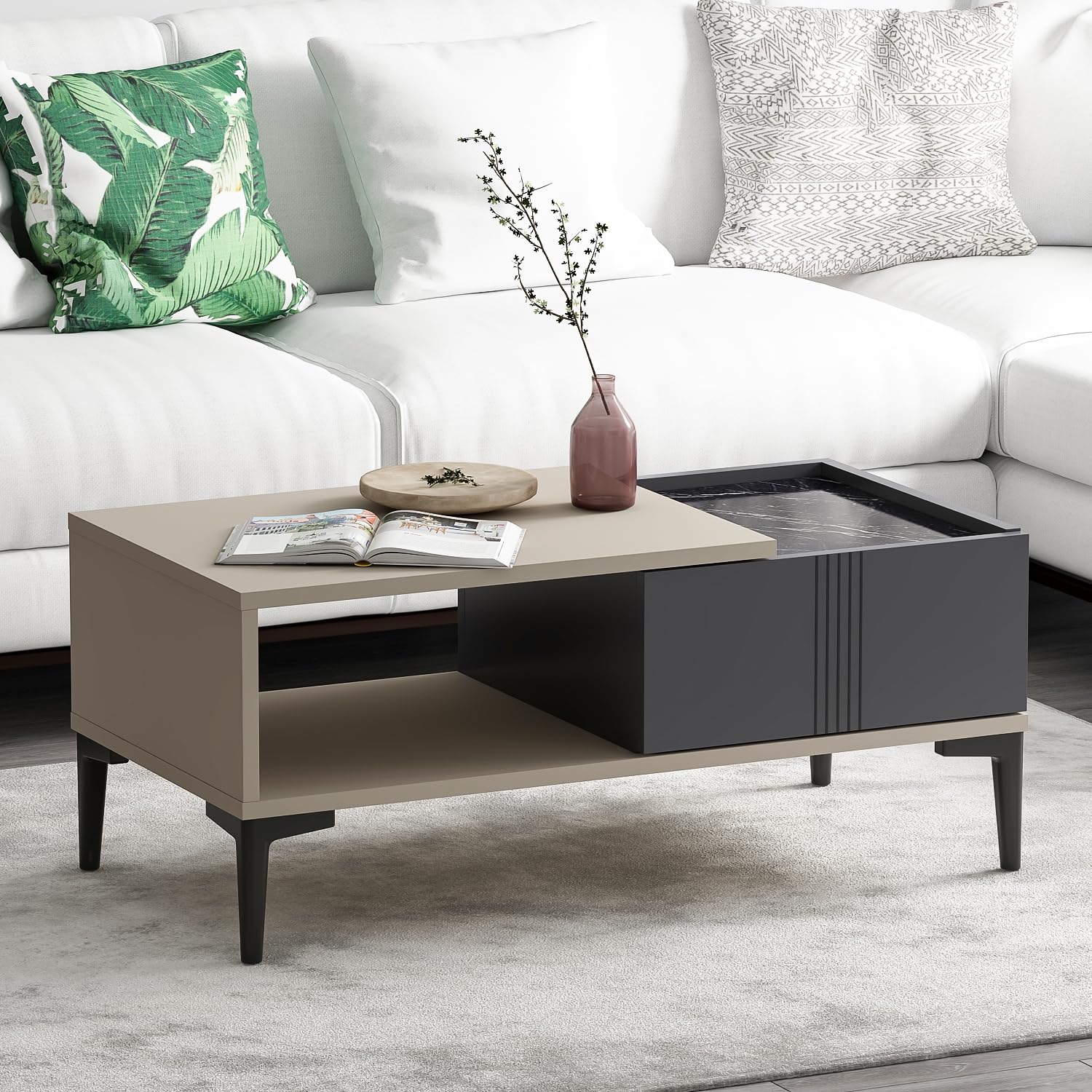Homidea Modena - Tavolino da salotto con vano portaoggetti da 90 cm, moderno design scandinavo con spazio di archiviazione, tavolino rettangolare per salotto (beige