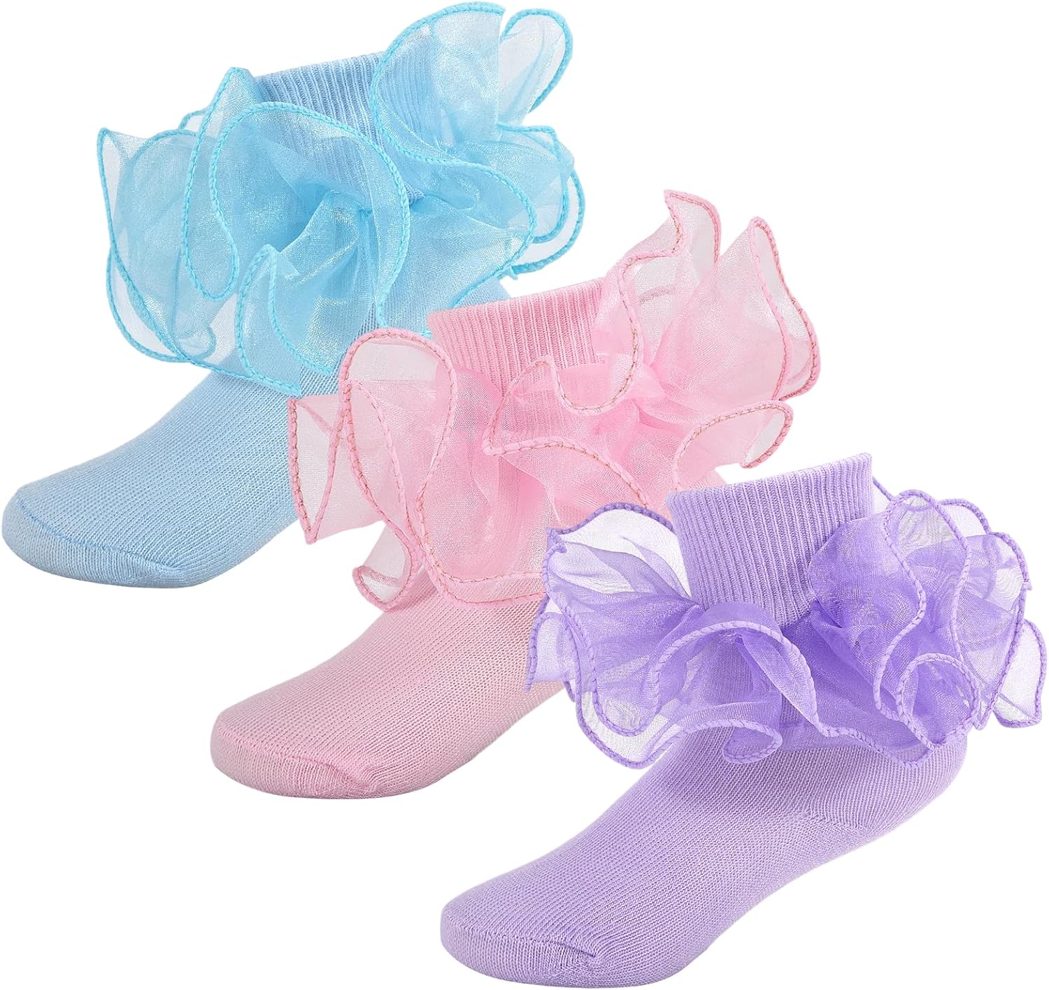 Baby Girls Ruffle Socks 2-Layer Lace Frilly Turn Cuff Fancy Dress Socks Toddler Girl Preemie Newborn Infant Kids