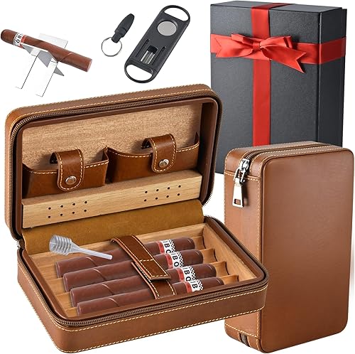 Humidor de puros, humidores de cigarros de viaje con cortador en V, perforador y soporte, humidor de cigarros de viaje, estuches portátiles de cuero