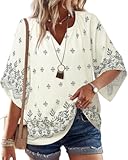 Womens 3&sol;4 Sleeve V Neck Bohemian Peasant Blouses Casual Loose Fit Tunic Tops