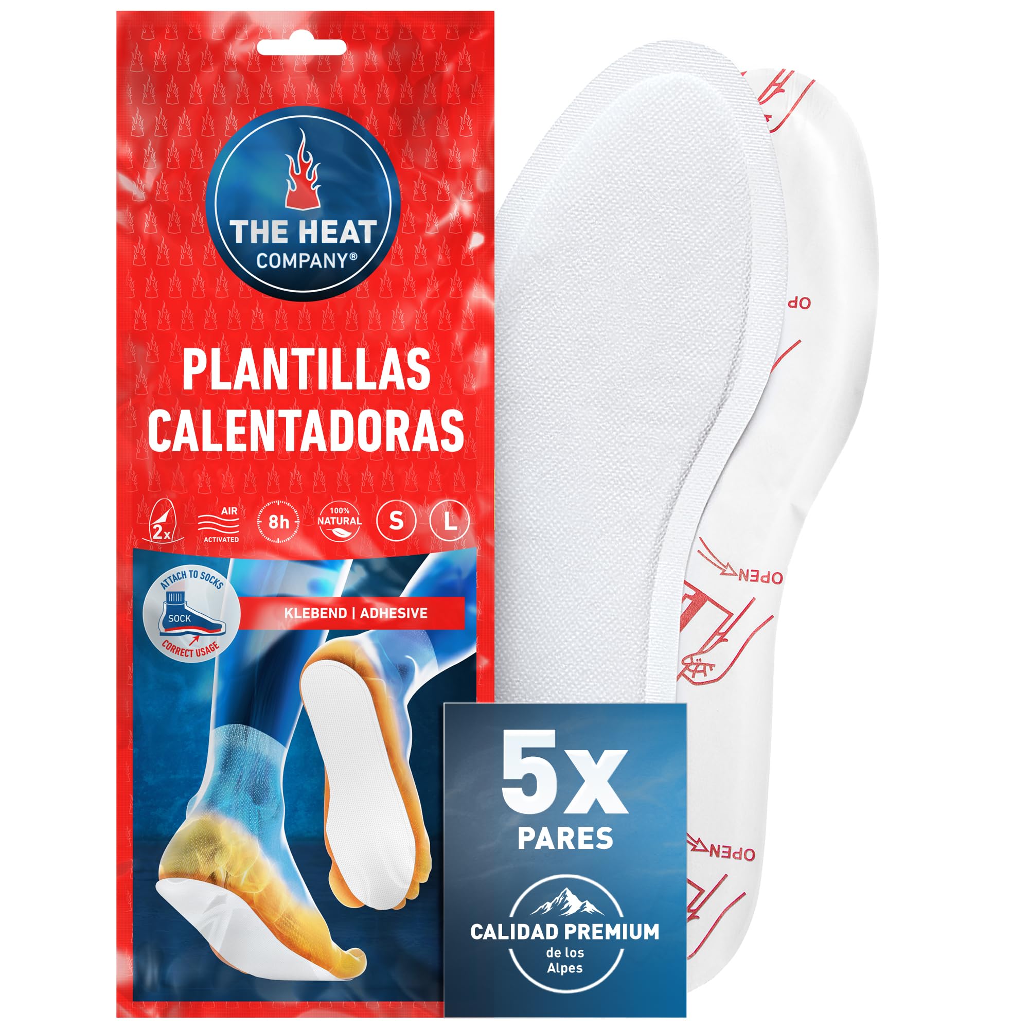 THE HEAT COMPANY Plantillas Calentadoras Adhesivas - 5 o 30 Pares - Extra CÁLIDO - Calentadores Pies - 8 Horas de pies Calientes - Calor instantáneo - Activado por Aire - Puro Natural - Small o Large
