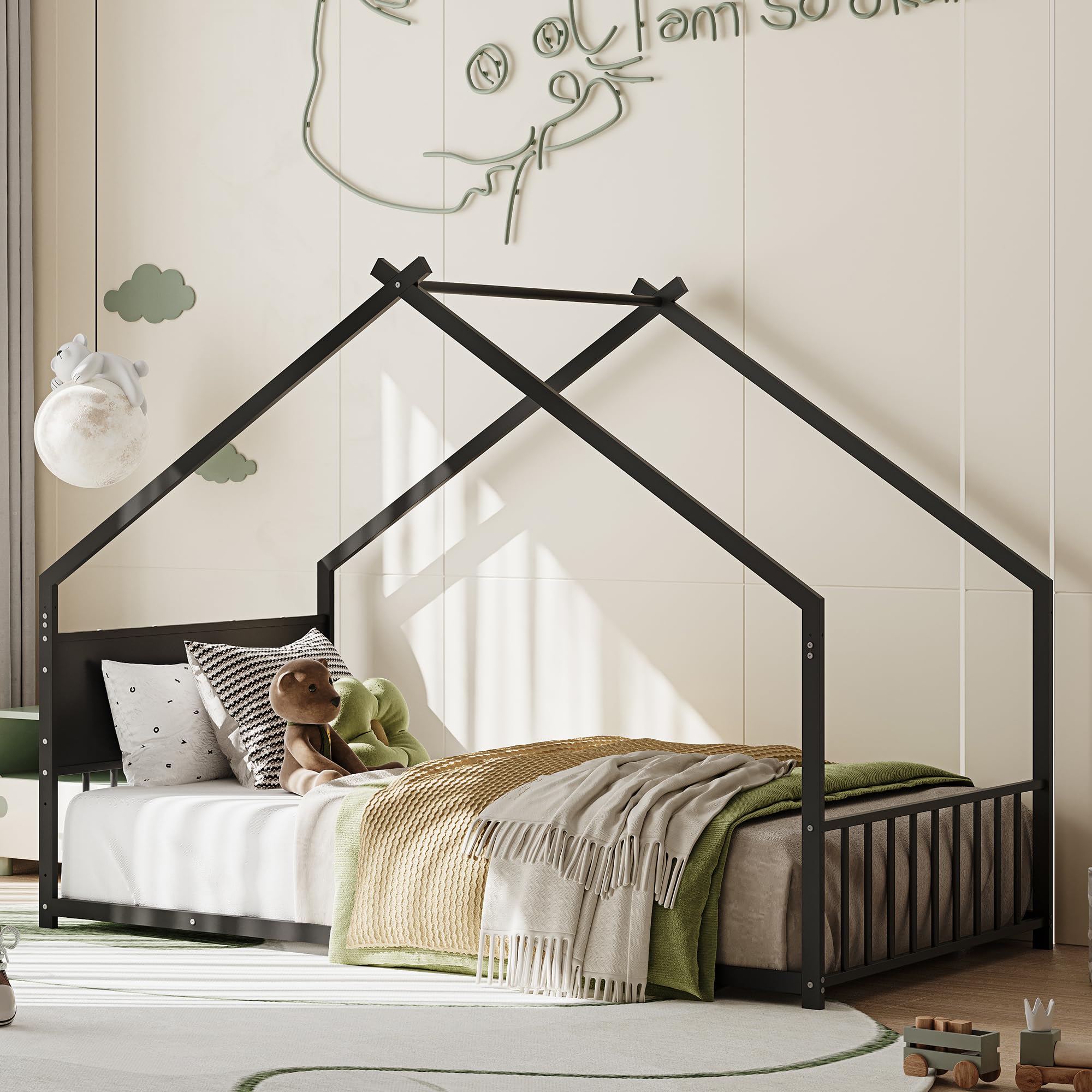 SOFTSEA Twin Size Floor Bed Frame with Roof and LED Lights, Metal House Bed with Headboard & Footboard, No Noise, Black